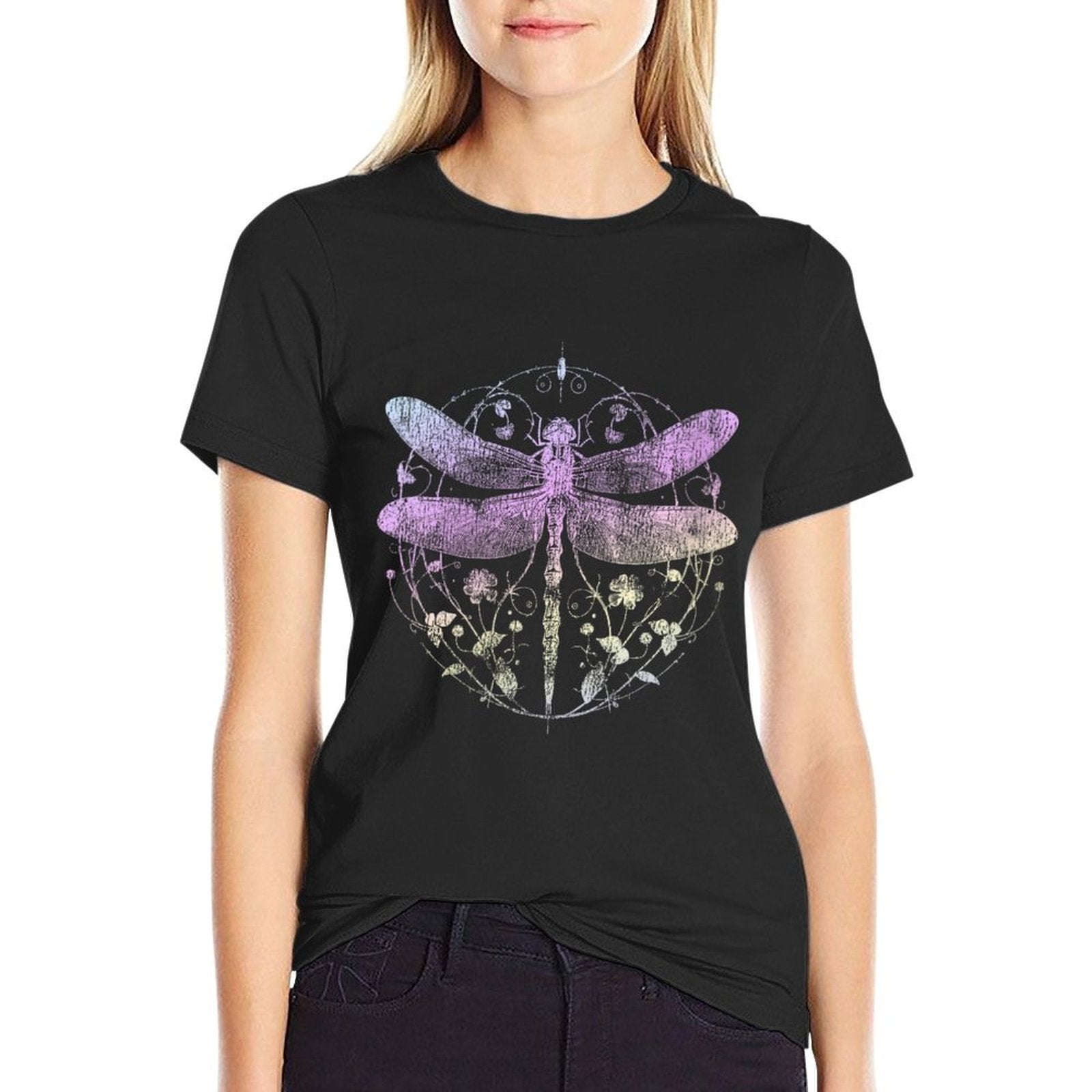 Womens Cute Casual Look Summer Vintage Dragonfly Print Top  Fade-proof Color T-Shirt