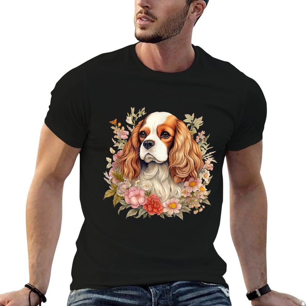 Cavalier King Charles Spaniel Dog With Flowers Floral Men Women Girls Kids  Soft T-Shirt