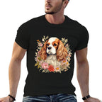 Cavalier King Charles Spaniel Dog With Flowers Floral Men Women Girls Kids  Soft T-Shirt