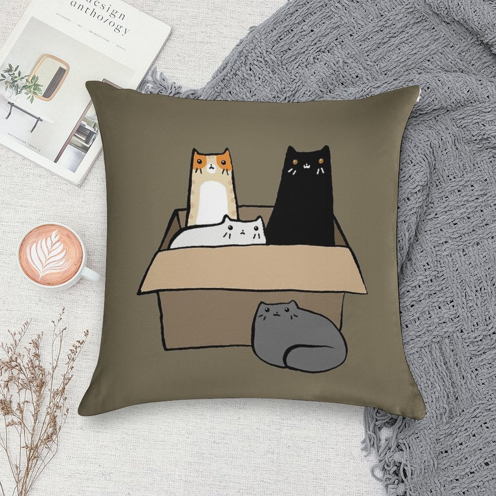 Cats in A Box Soft Short Plush Fabric Throw Pillow