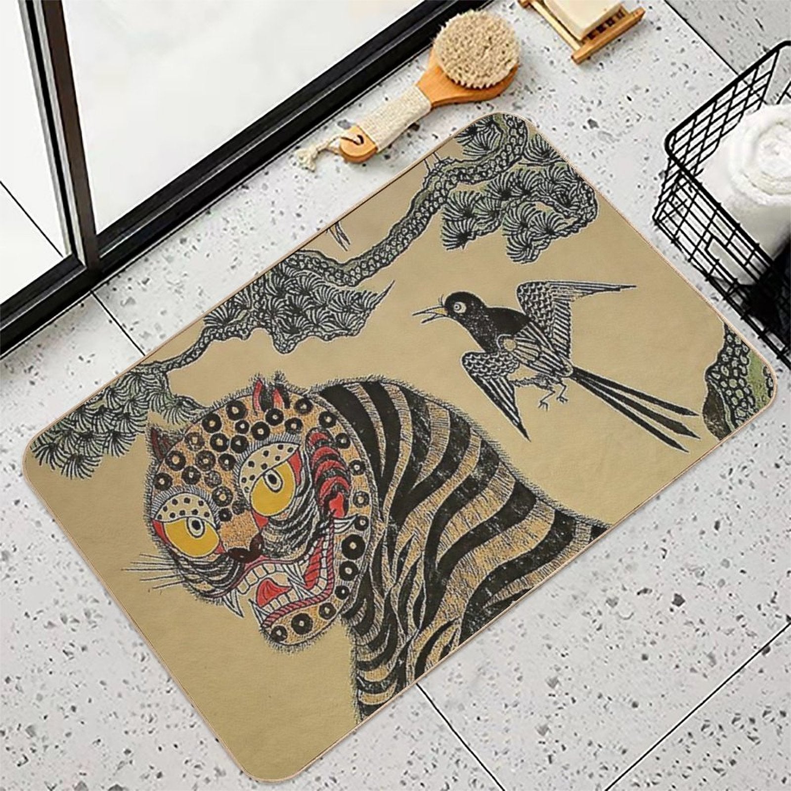 Striped Vintage Minhwa Tiger And Magpie  Easy To Clean Bath Mat