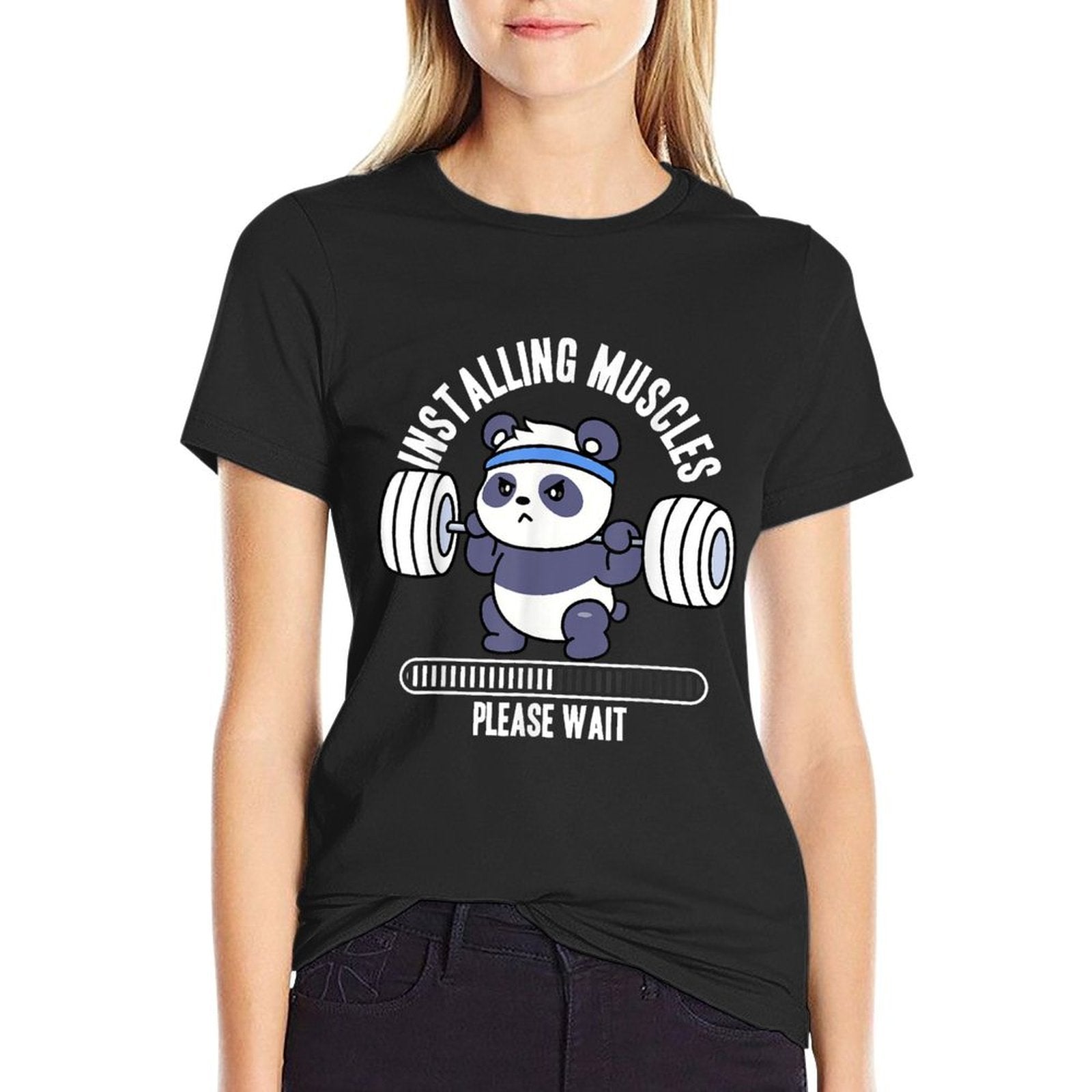 Muscle Building Fitness Panda Weight Lifting Barbell Workout  Durable T-Shirt