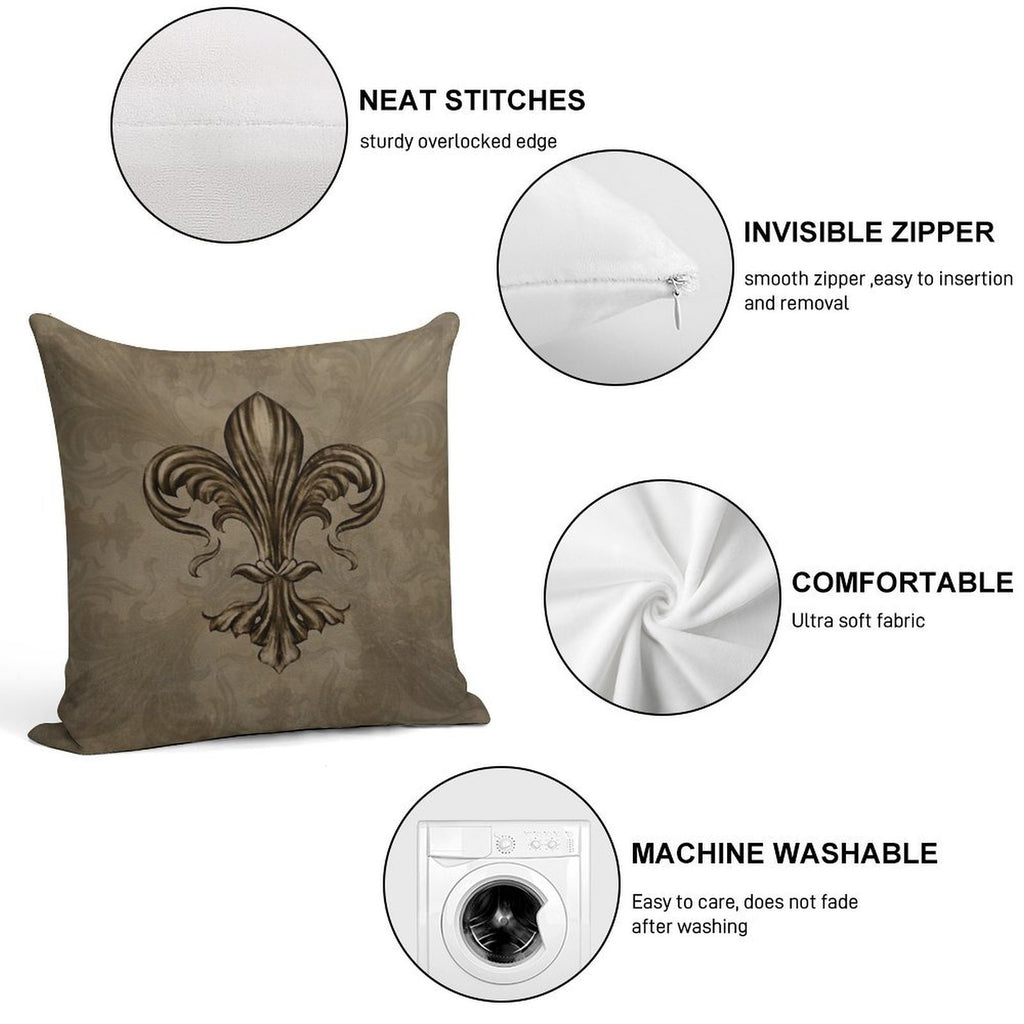 Vintage Fleur-de-lis Sepia Soft Reinforced Edging Throw Pillow