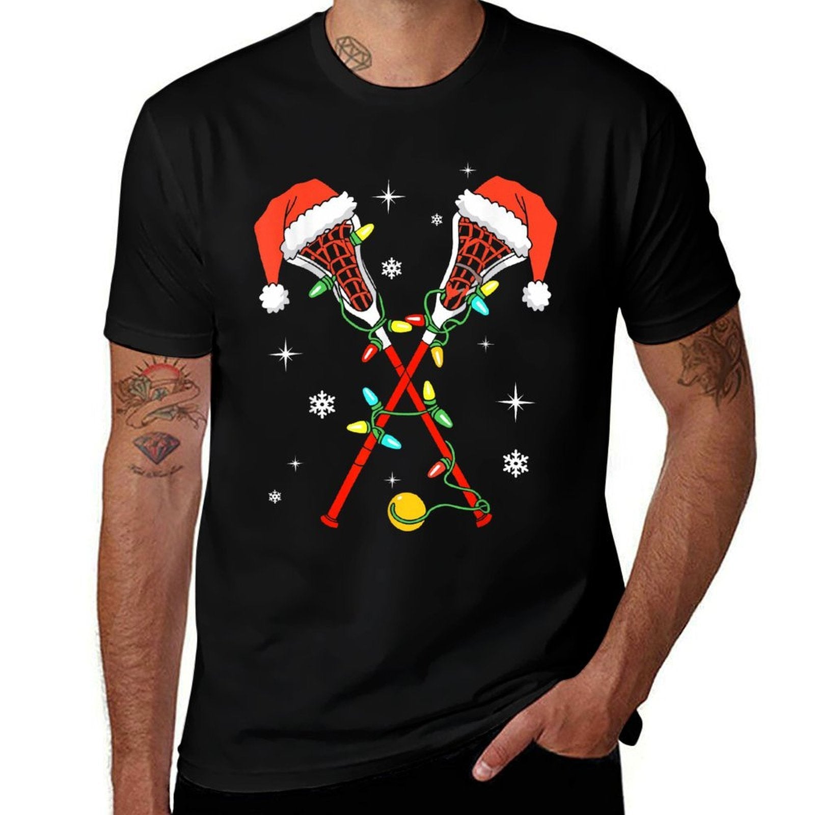 Lacrosse Player Xmas Lights Santa Hat Lacrosse Christmas  Polyester Blend T-Shirt