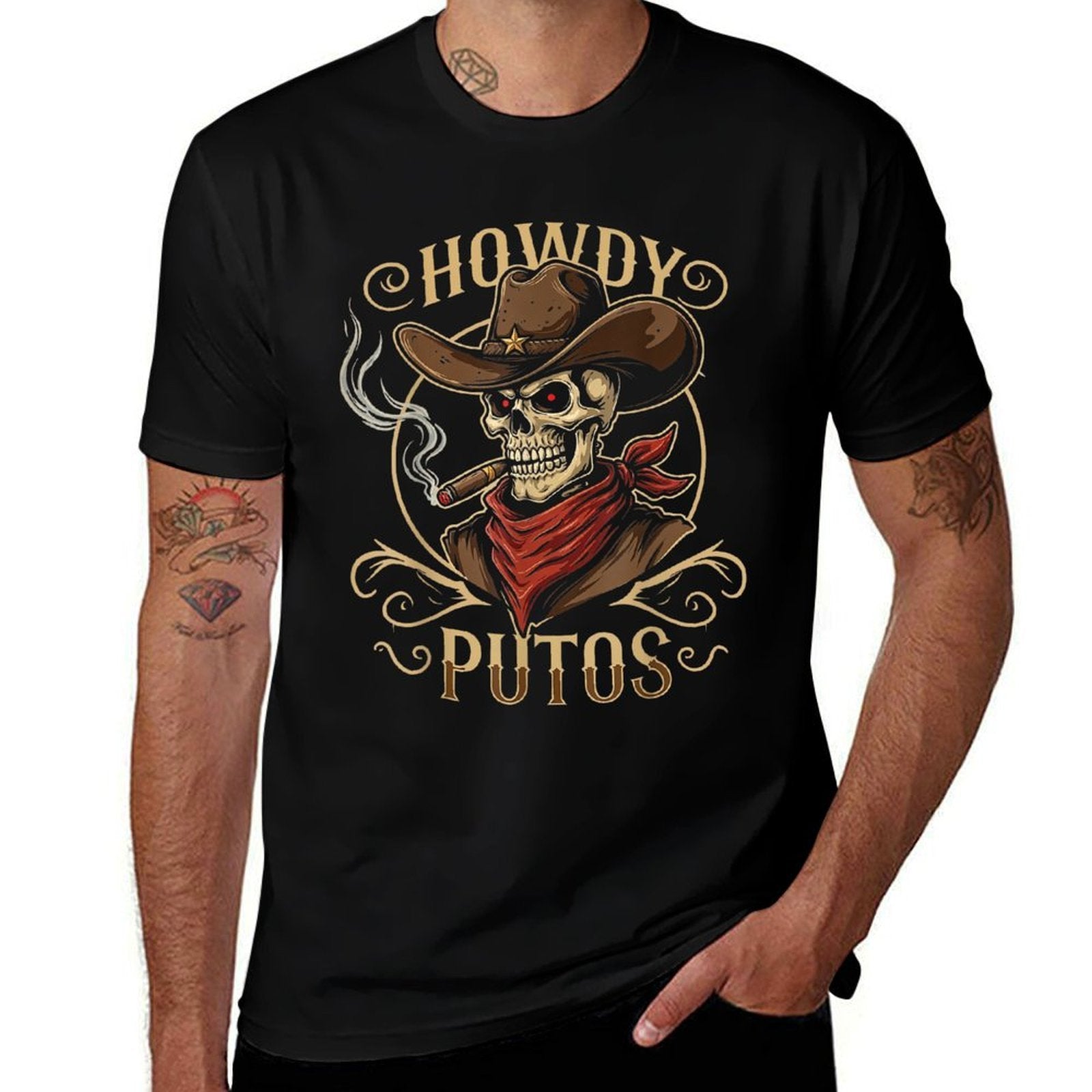 Funny Skull Howdy Putos Spanish Slang, Western Cowboy Skull  High-quality Stitching T-Shirt