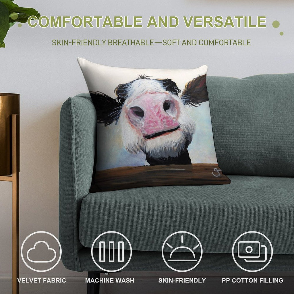 NOSEY COW 'HEY! HOW'S IT GOIN'' BY SHIRLEY MACARTHUR Soft Ultra-Soft Texture Throw Pillow