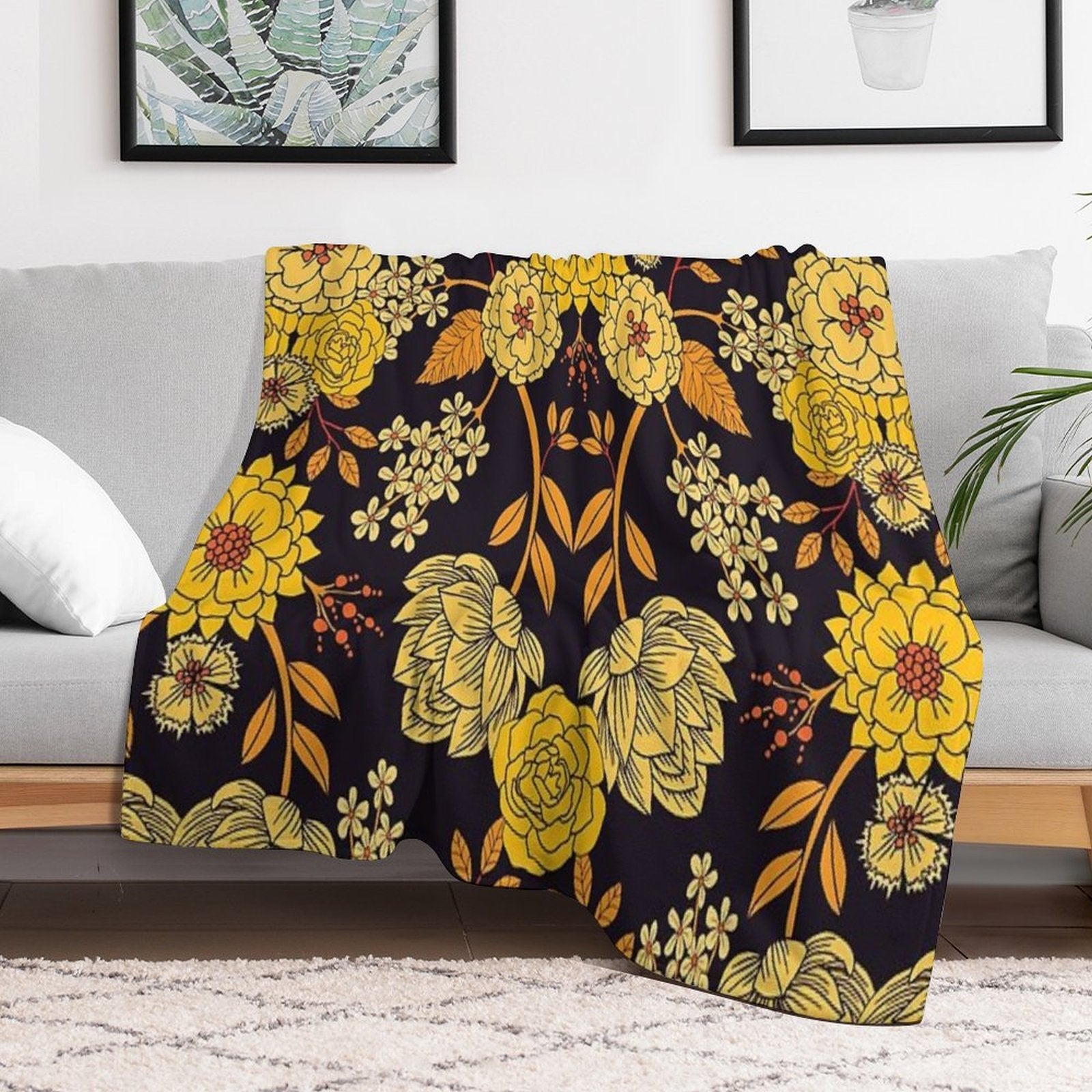 Yellow, Orange & Navy Blue Dark Floral Pattern Quick-dry Throw Blanket
