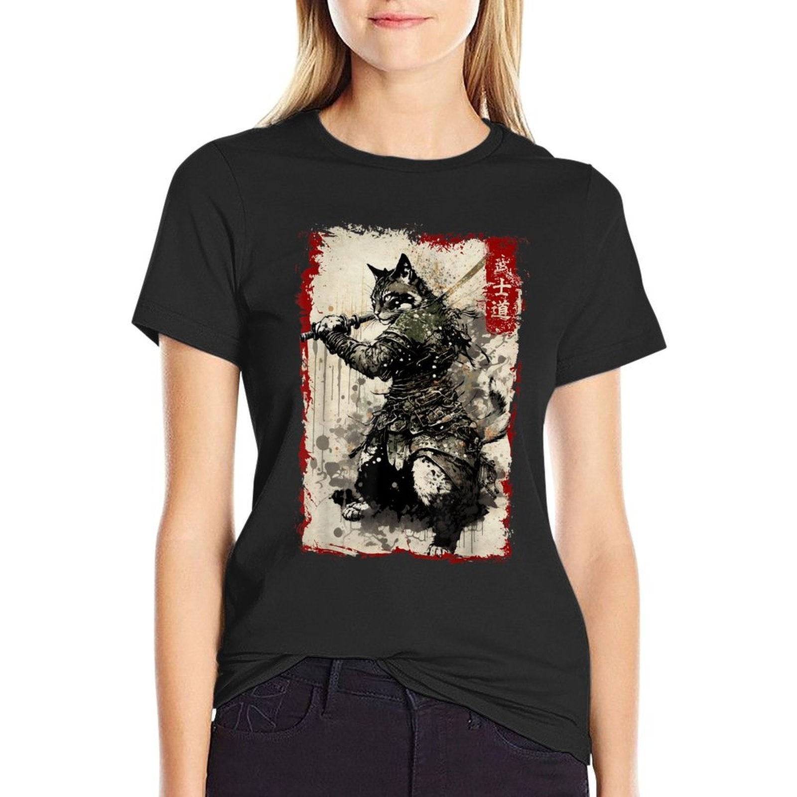Samurai Cat Graphic Warrior Vintage Japanese Art Anime  Easy-care T-Shirt