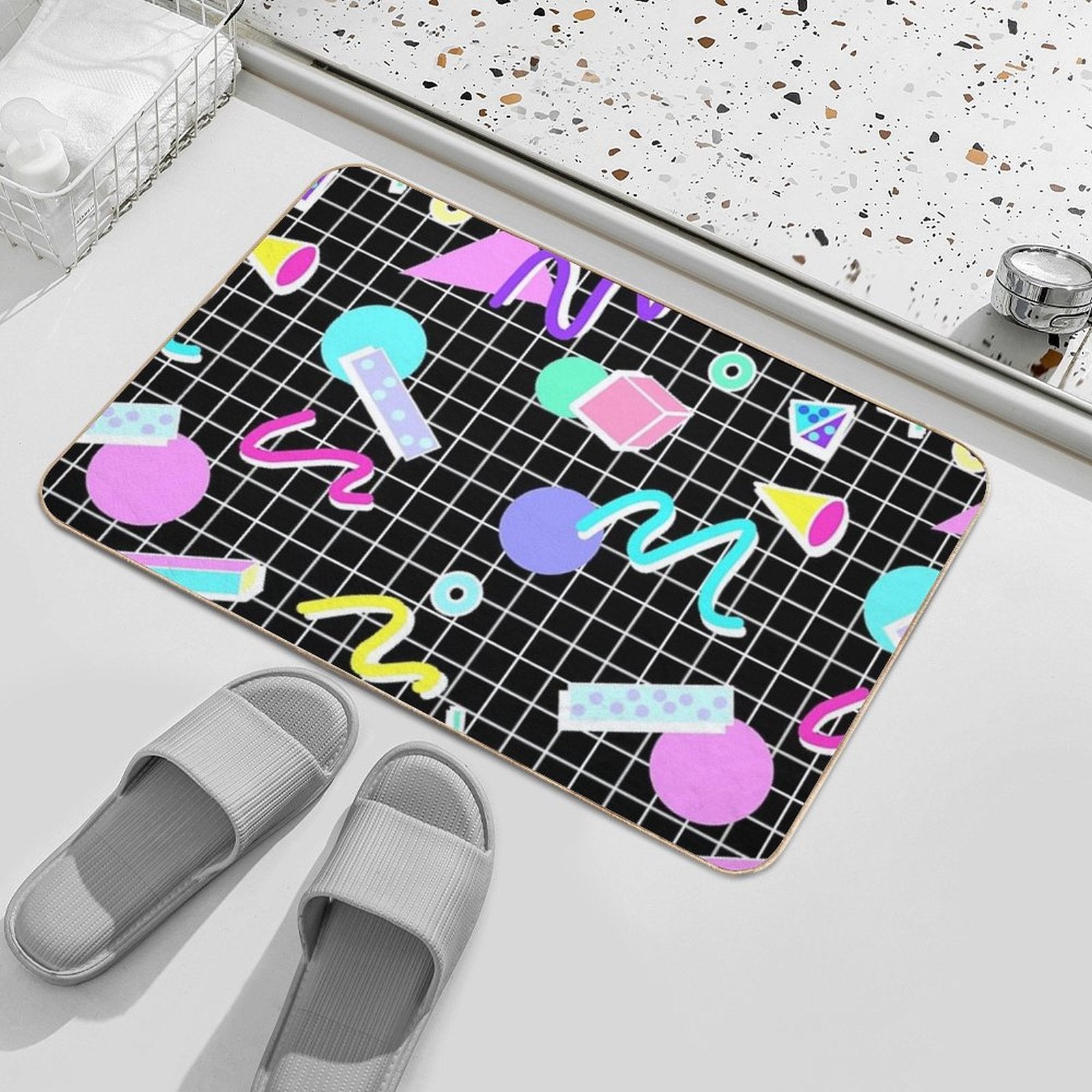 80s Retro Party Grid Design (Black BG)  Rapid-Drying Bath Mat