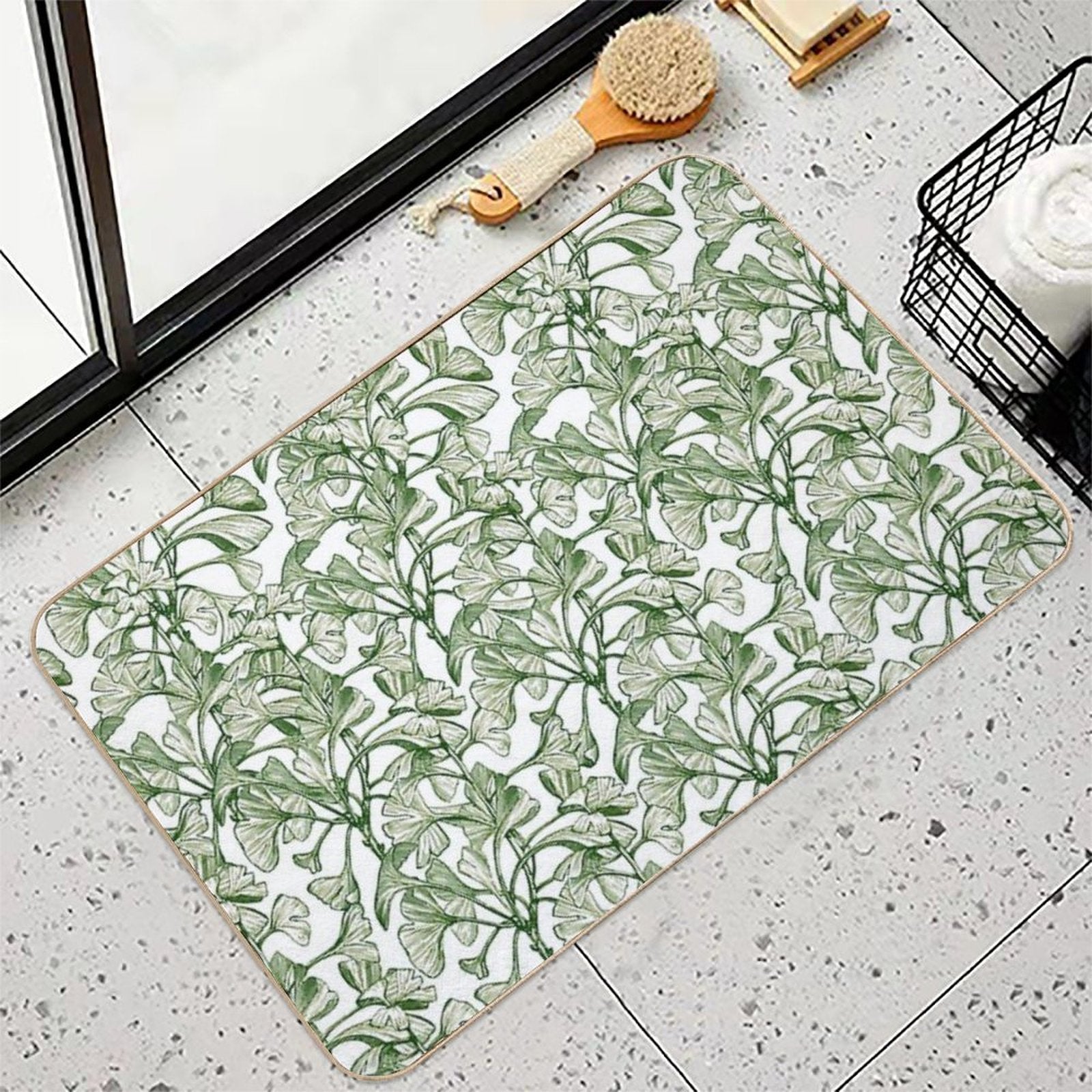 Vintage Green Leaves, Botanical Pattern  Rapid-Drying Bath Mat