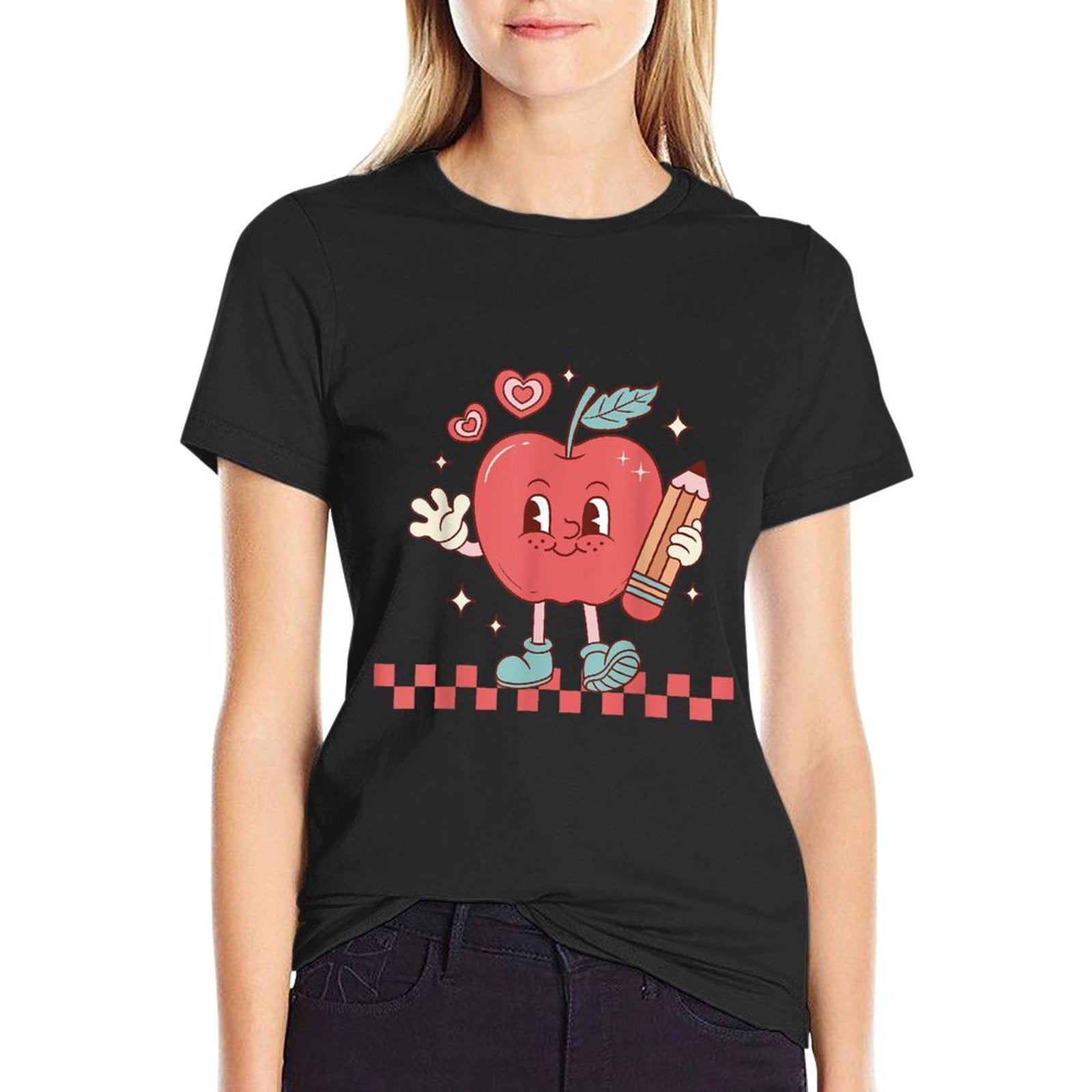 Cute Retro Checkered Apple with Face Teacher Pencil Trendy  Trendy Pattern T-Shirt