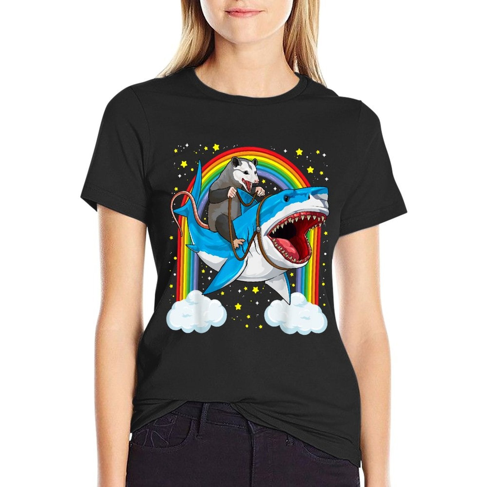 Funny Opossum Riding Shark Possum Trash Marsupial Mashup  Relaxed-fit T-Shirt