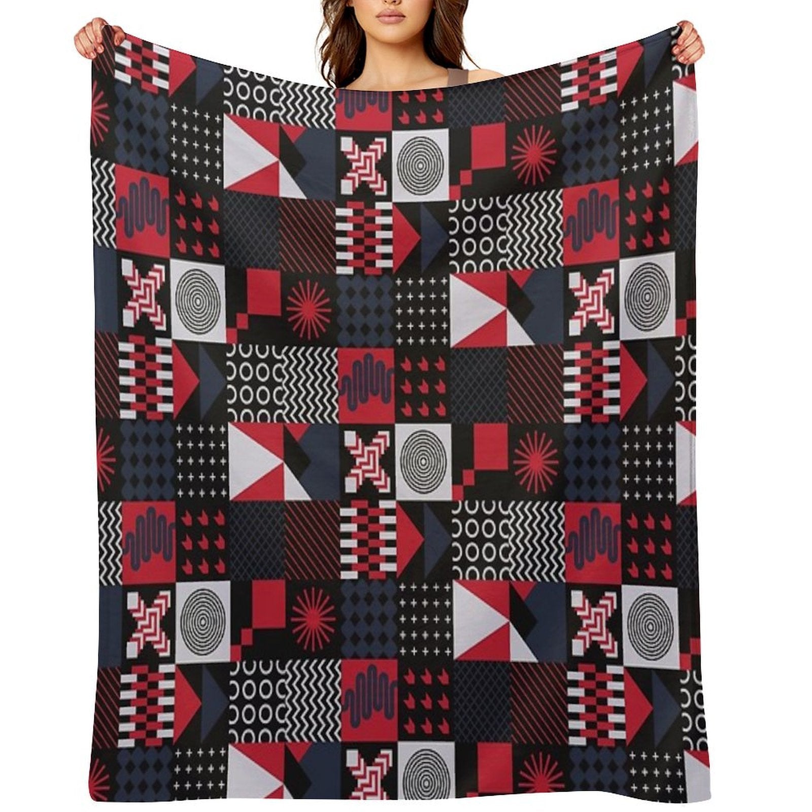 Geometric Aesthetic Black White Blue Red Shrink-resistant Throw Blanket