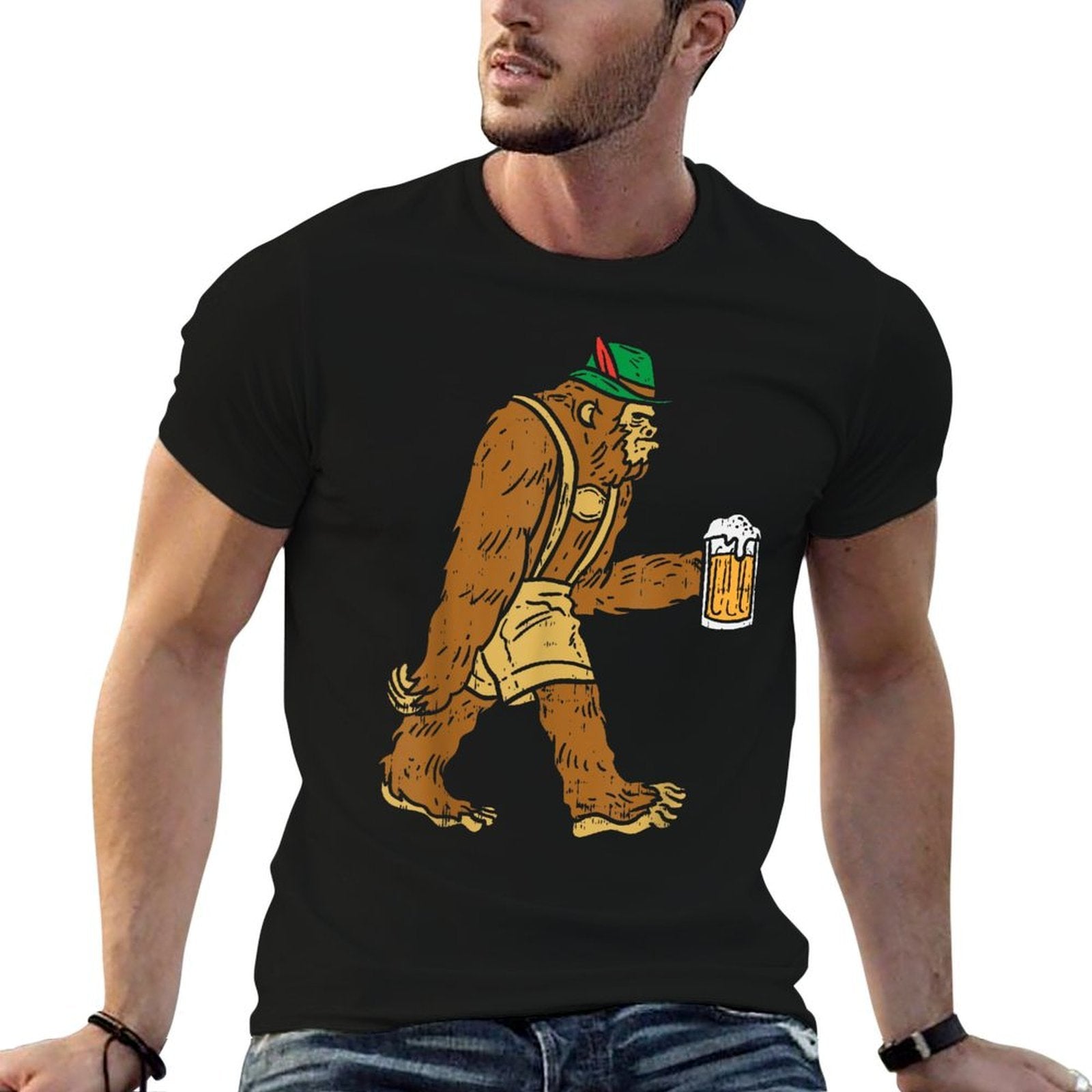 German Bigfoot Sasquatch Beer Lederhose Funny Oktoberfest  High-quality Stitching T-Shirt