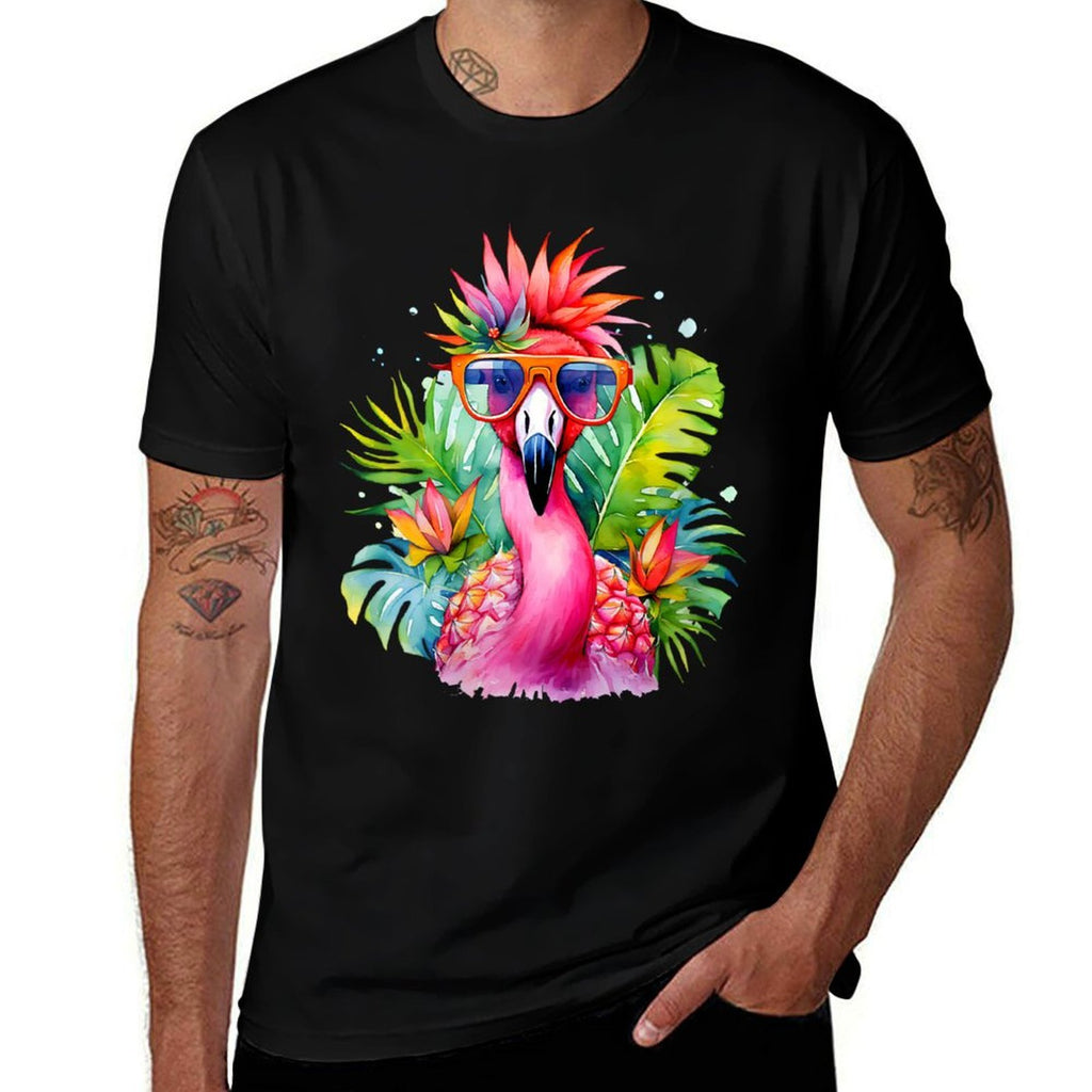 Womens Pink Flamingo Party Tropical Bird with Sunglasses Vacation  Easy-care T-Shirt