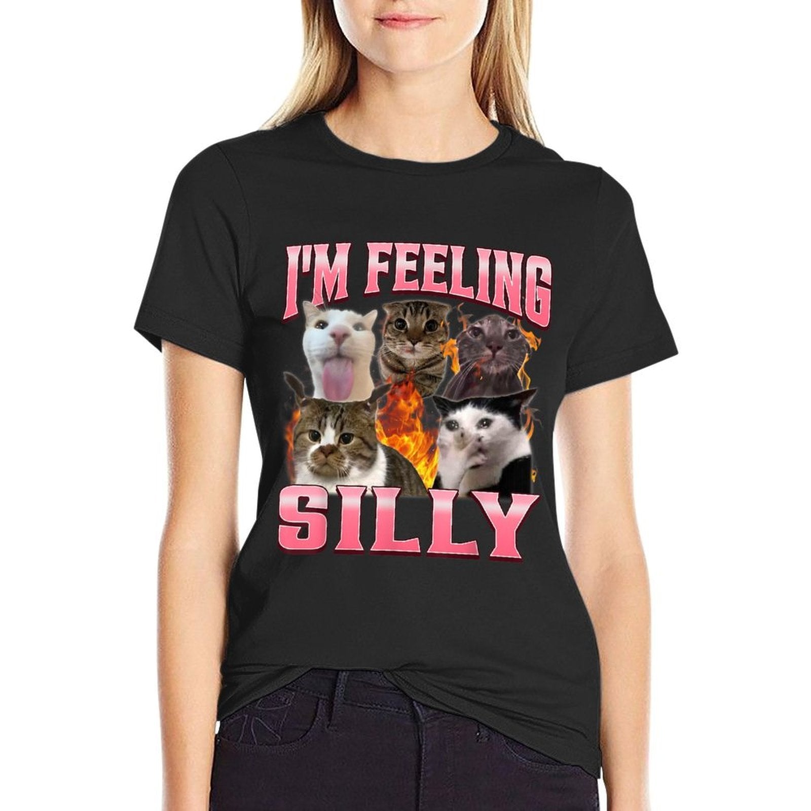 Funny Im Feeling Silly Humor Cute Cat Meme Bootleg Graphic  Wrinkle-resistant T-Shirt