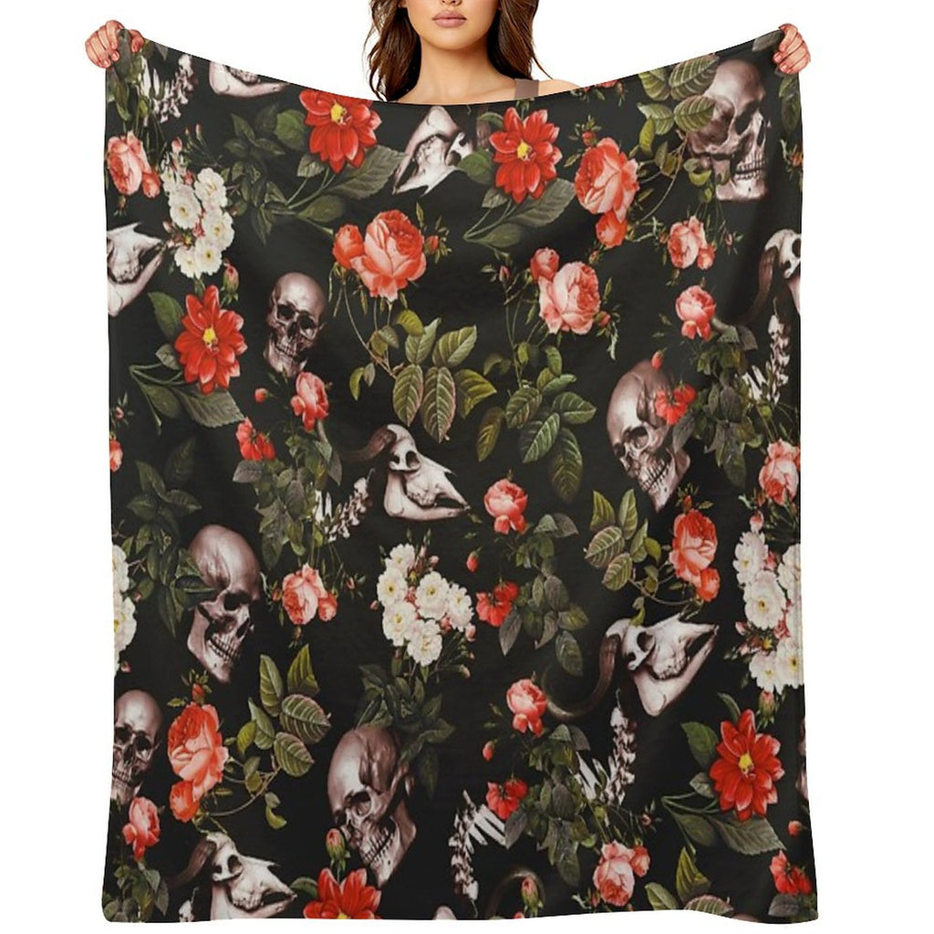 Skull And Floral Pattern Multi-functional Throw Blanket