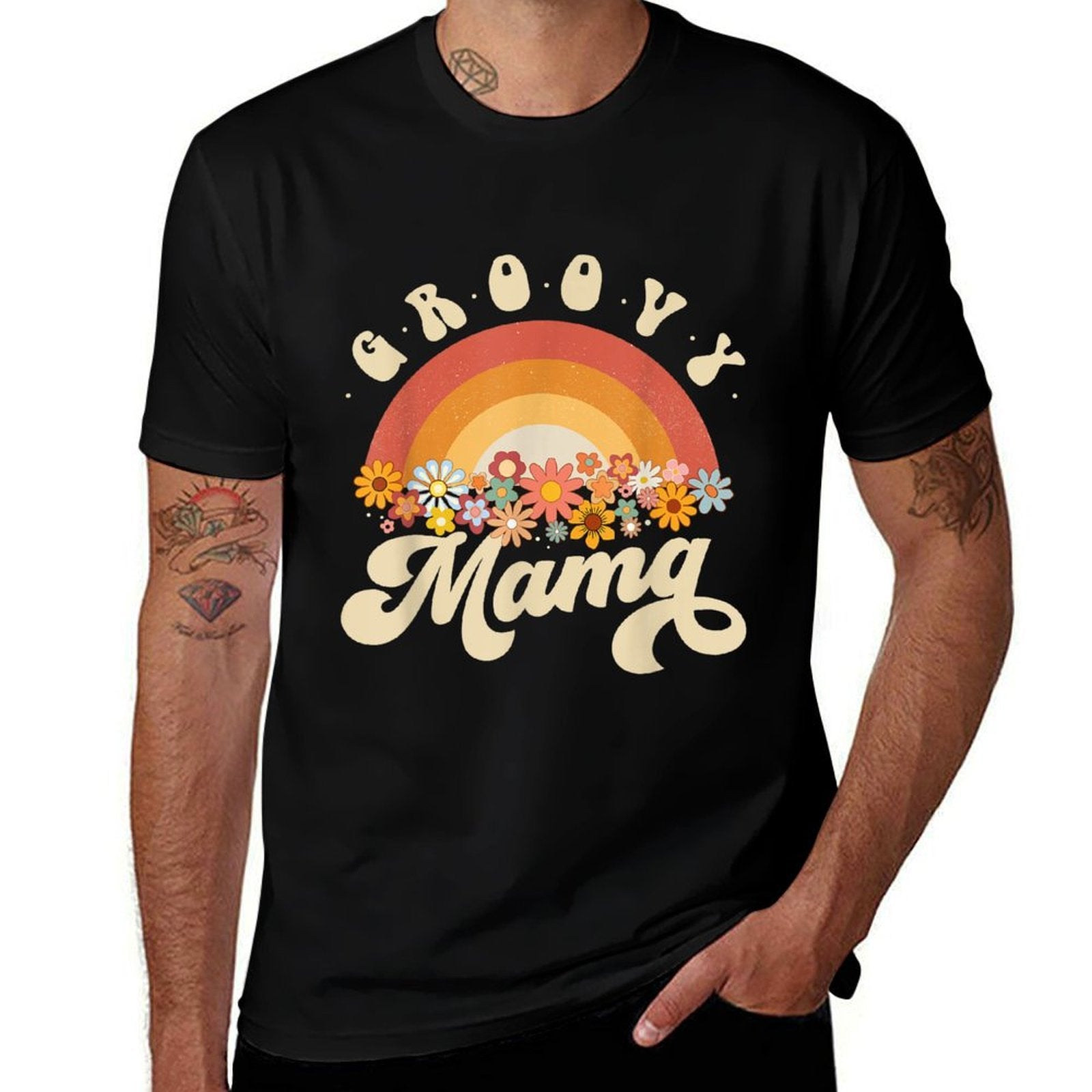 Groovy Mama Retro Rainbow Colorful Flowers Design Mom  Fade-proof Color T-Shirt