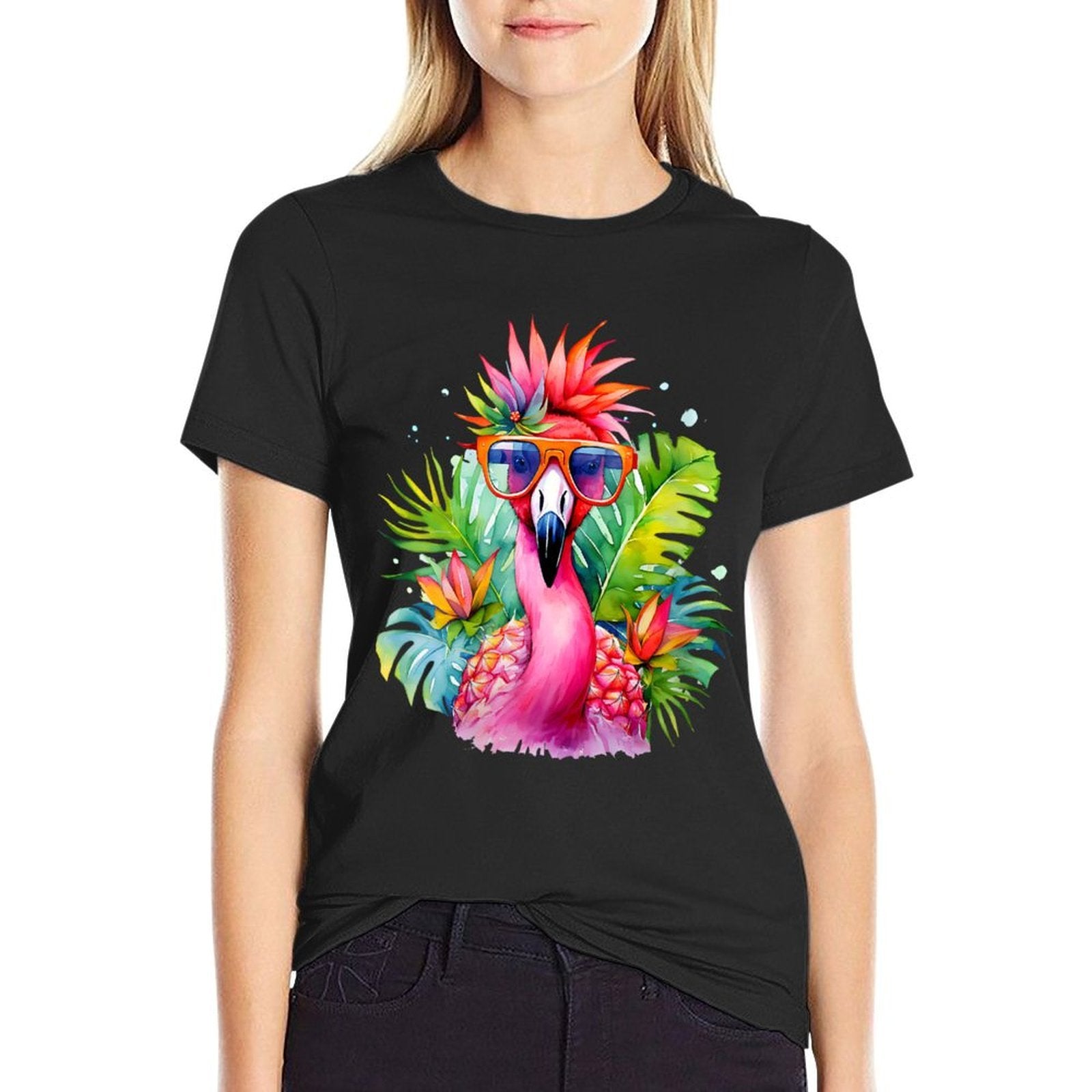 Womens Pink Flamingo Party Tropical Bird with Sunglasses Vacation  Easy-care T-Shirt