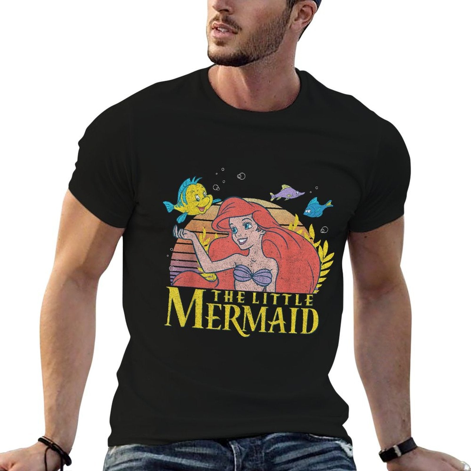Disney The Little Mermaid Ariel & Flounder Vintage Sunset  Trendy Pattern T-Shirt