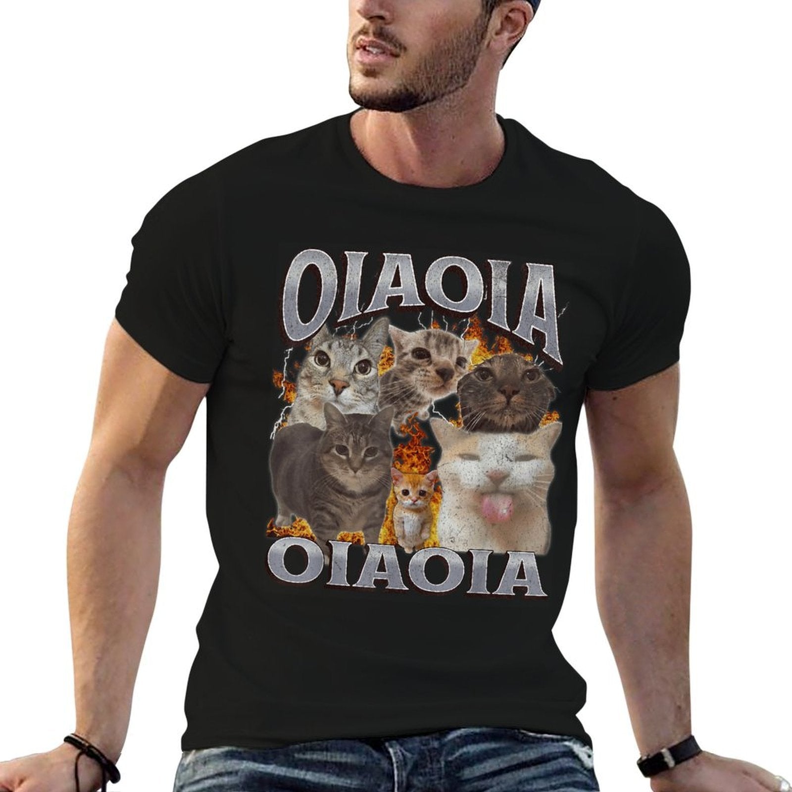 Oia Oia Funny Cat Meme Bootleg Graphic  Ribbed Collar T-Shirt