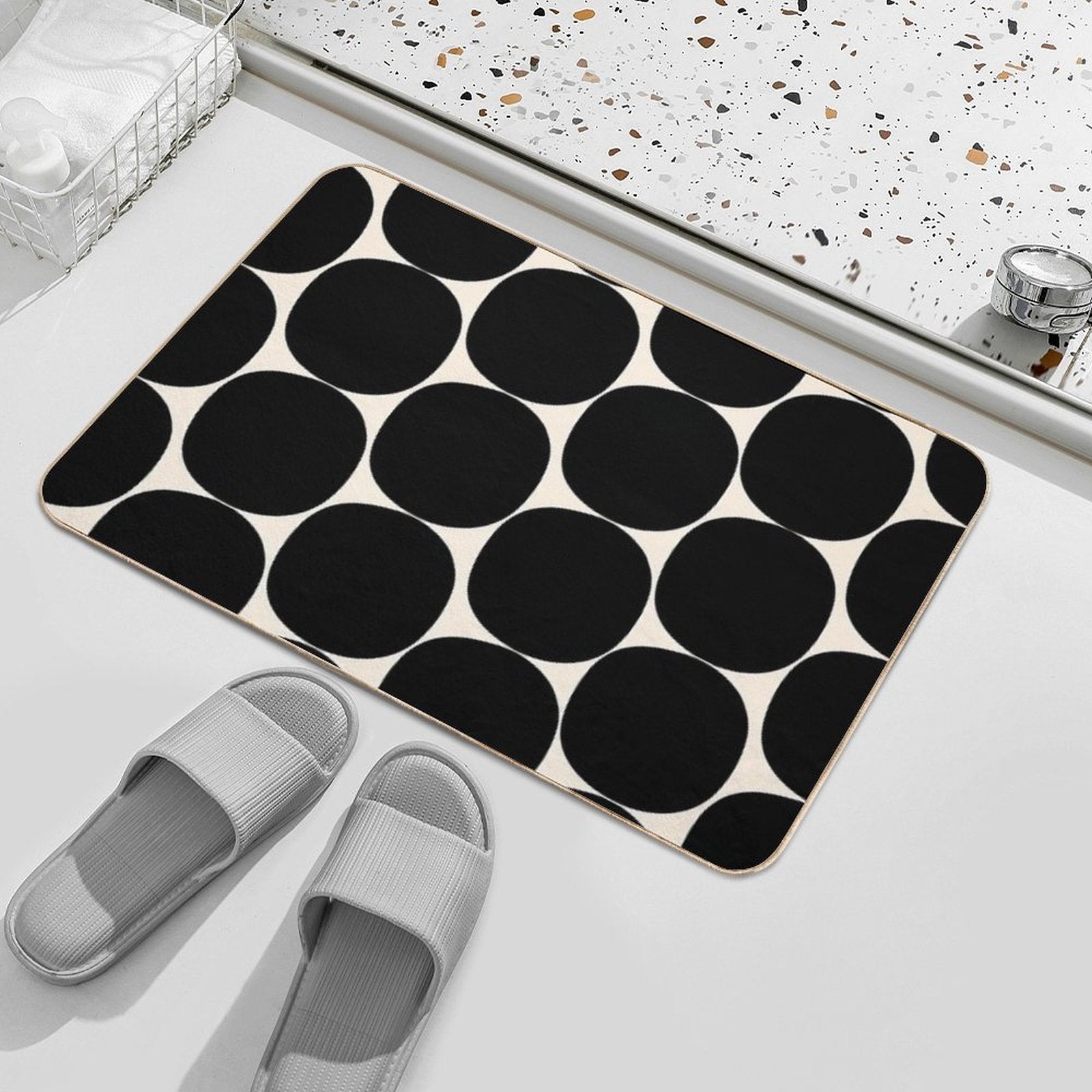 Mid-Century Mod Minimalist Dot Pattern in Black And Almond Cream  Non-Slip Bath Mat