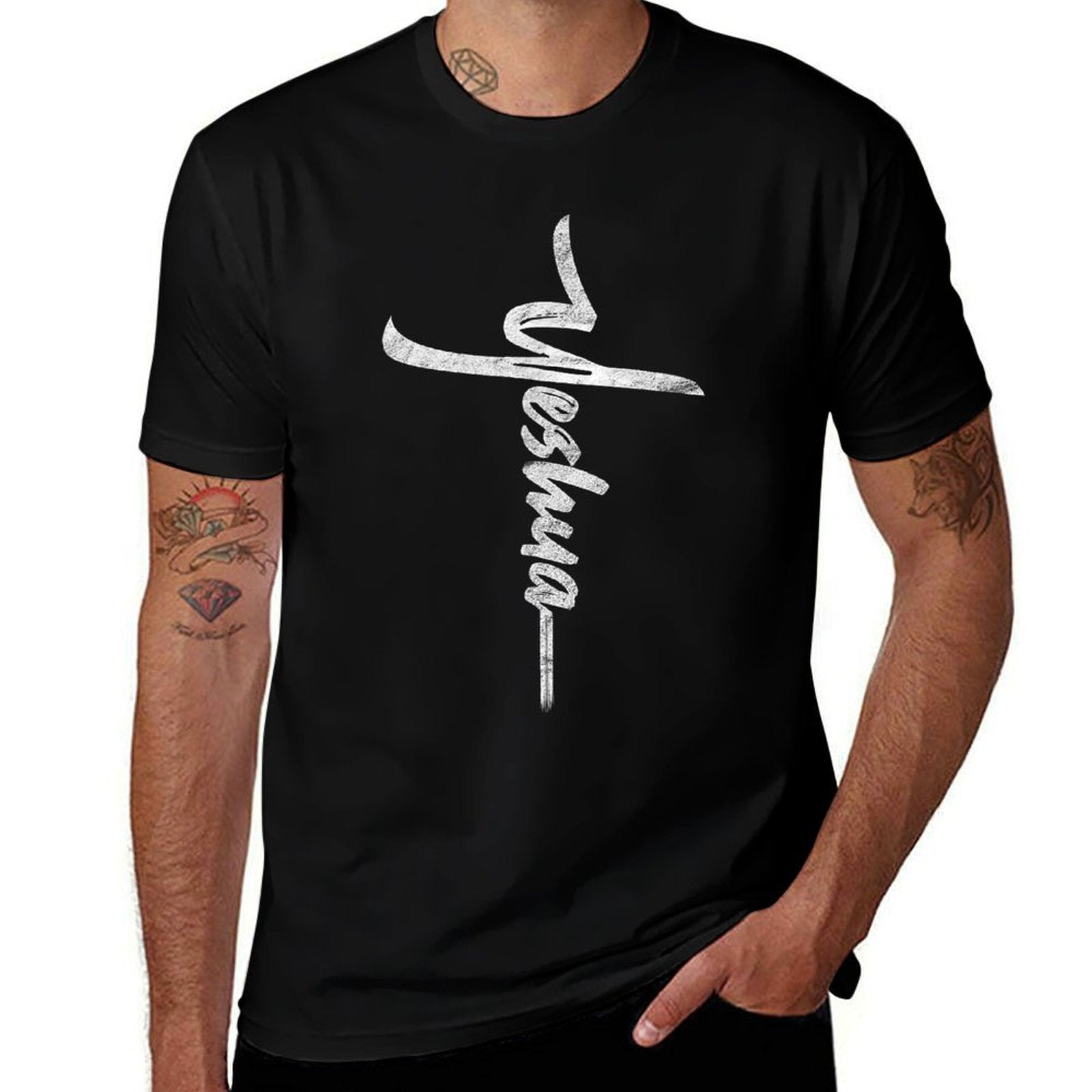 Yeshua Cross Hebrew Name of Jesus Christian Worship  Ribbed Collar T-Shirt