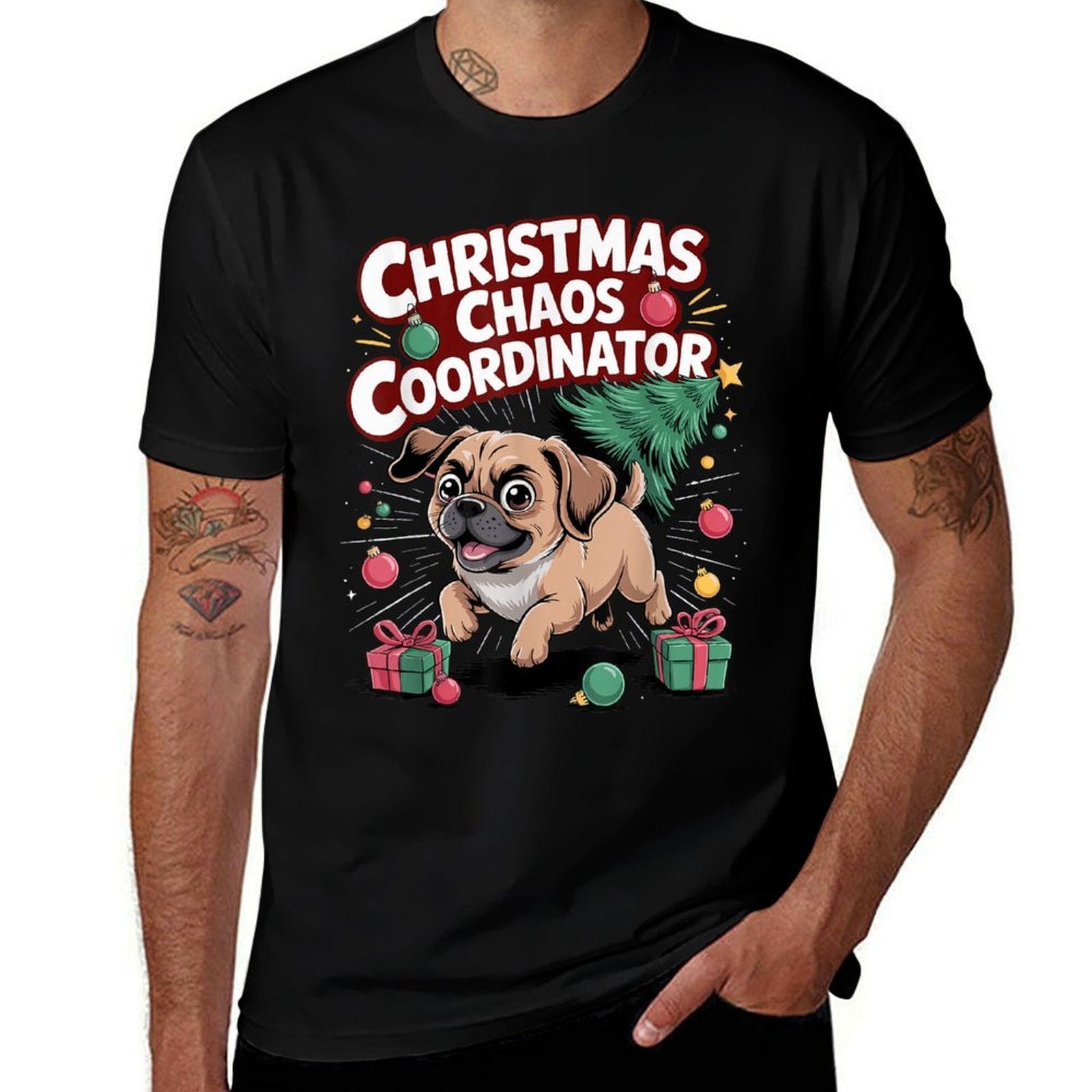 Christmas Chaos Coordinator Xmas Puppy Funny Puggle  Trendy Pattern T-Shirt