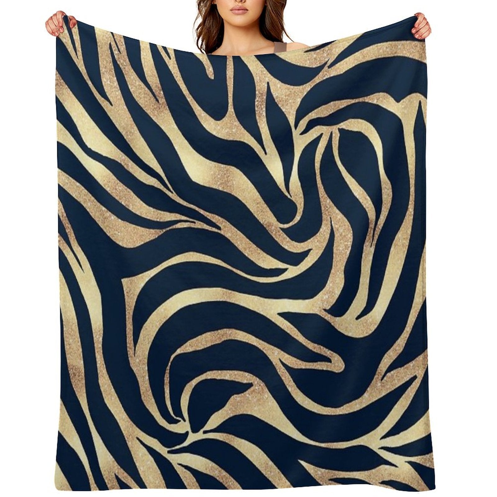 Elegant Navy Blue Gold Zebra Print Wrinkle-free Throw Blanket