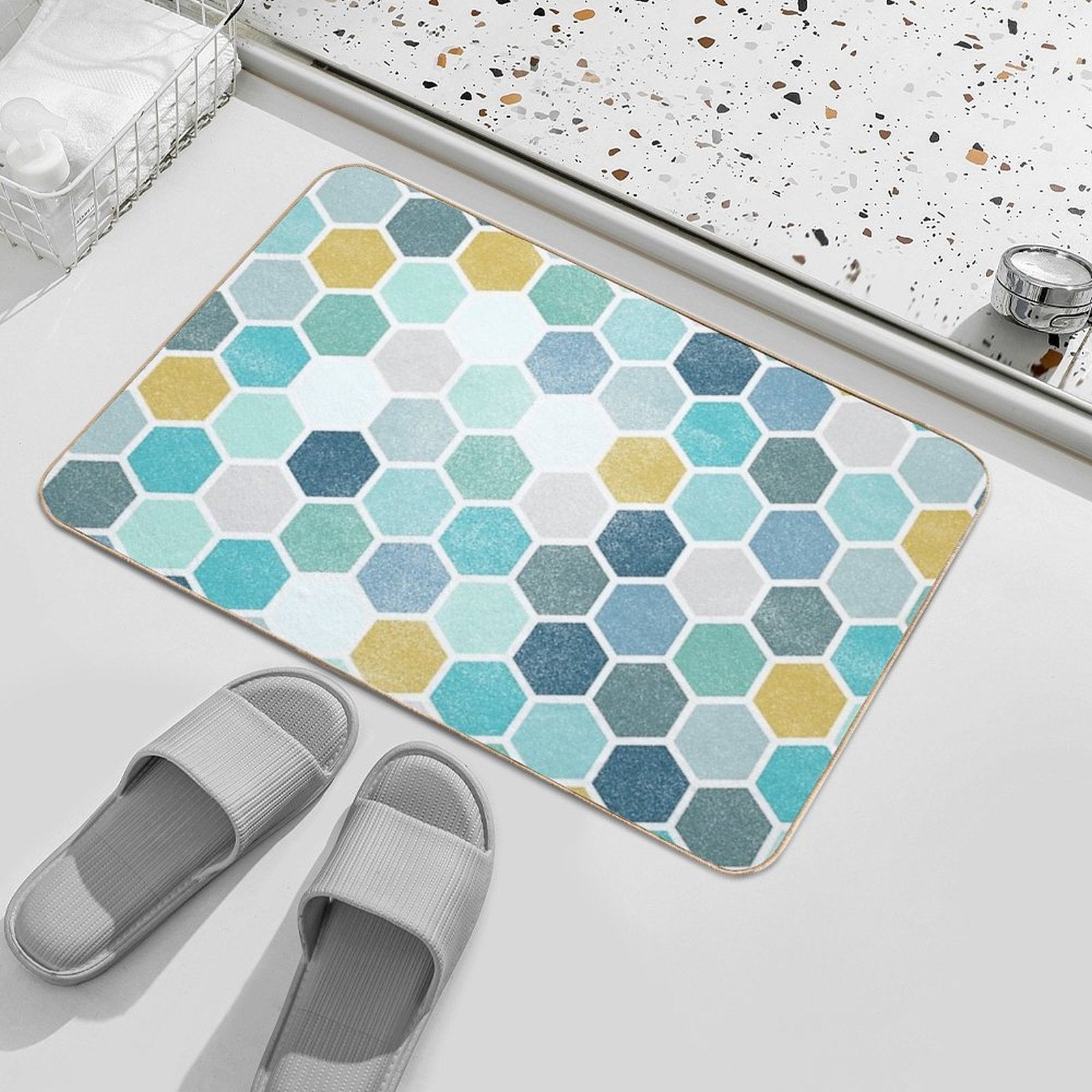 Blue Hue Hexagon Pattern  Fade-Resistant Bath Mat