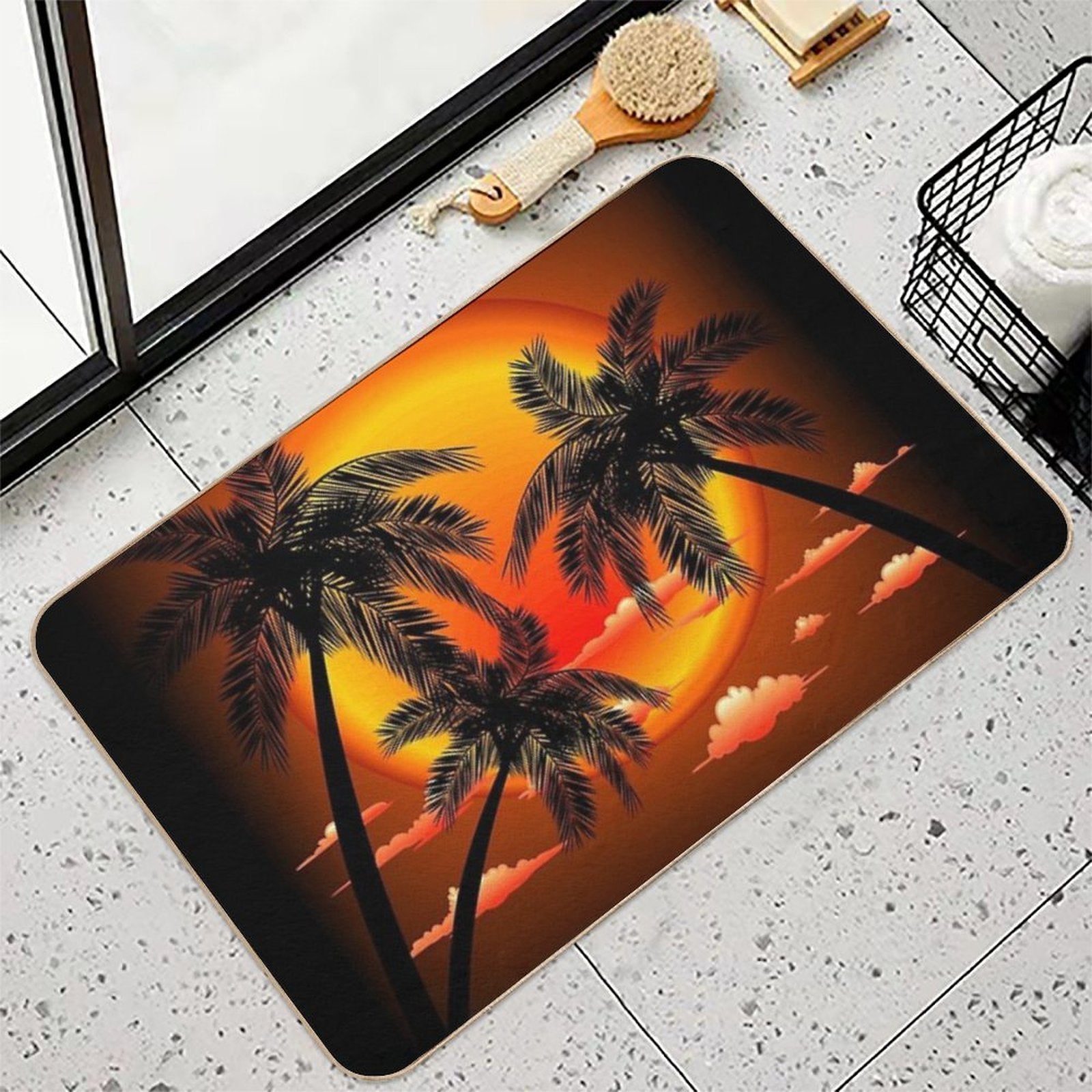 Warm Topical Sunset with Palm Trees  Fade-Resistant Bath Mat