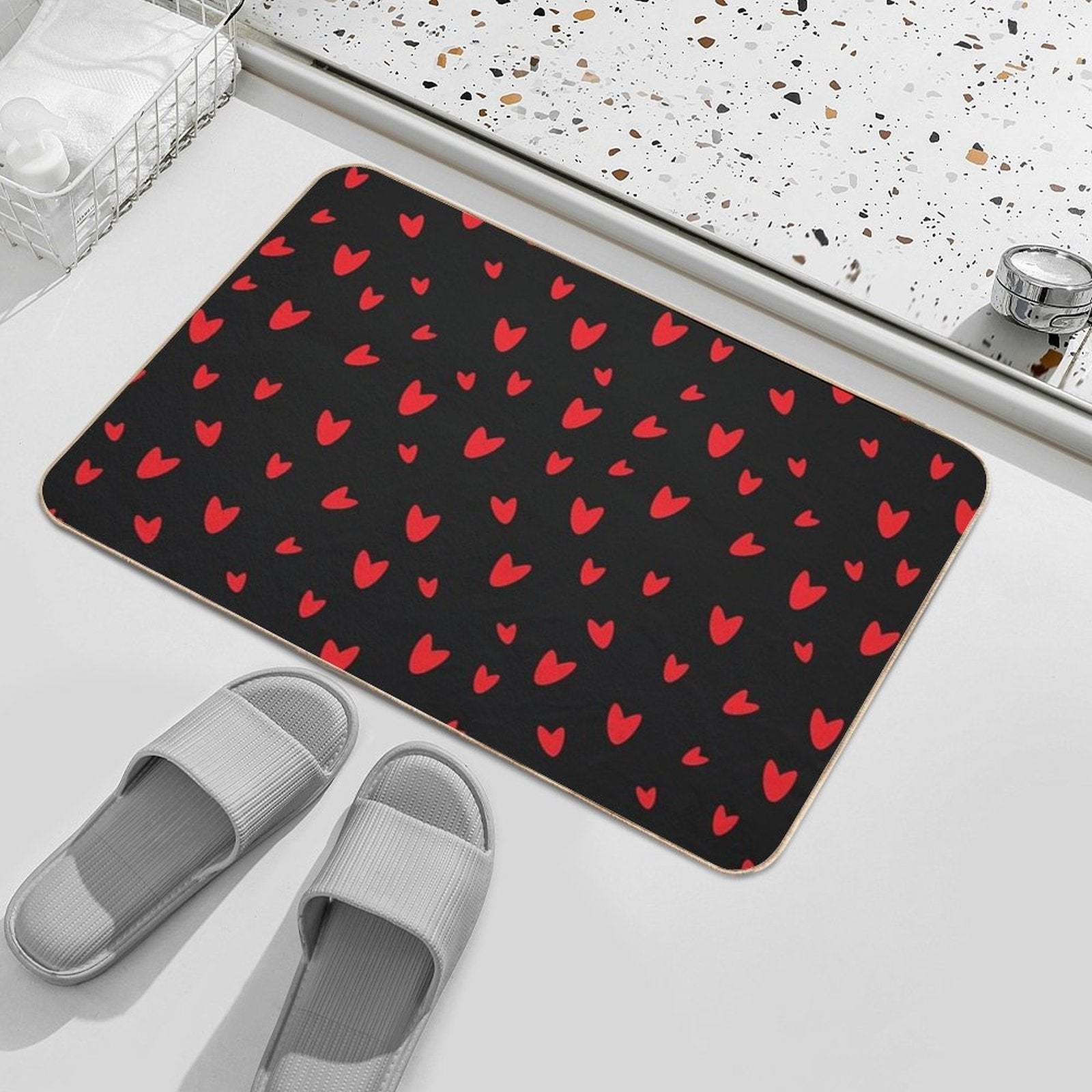 Hearts on Black Background Durable Bath Mat