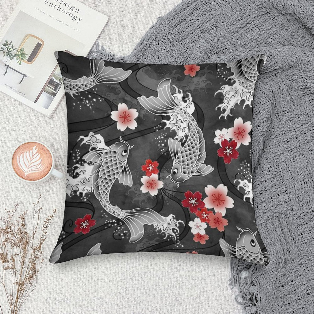 Koi Sakura Blossom in Black Soft Reinforced Edging Throw Pillow