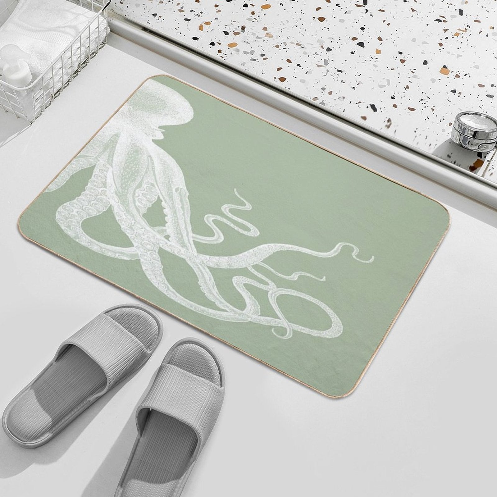 Half Octopus  Right Side  Vintage Octopus  Tentacles  Sea Creatures  Nautical  Ocean  Sea  Beach  Diptych  Sage Green  Stain-Proof Bath Mat