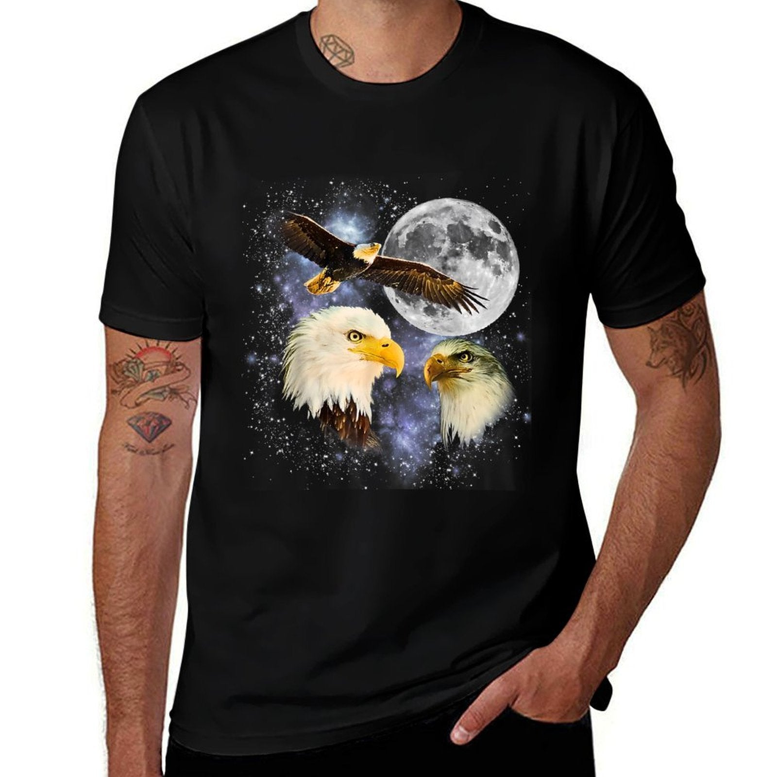 Three Bald Eagle Moon Meme Funny American Bird Eagles Lover  Eco-friendly Material T-Shirt