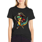 Funny Halloween Boys Kids Toddlers Dinosaur Trex Pirate  Rolled Sleeves T-Shirt