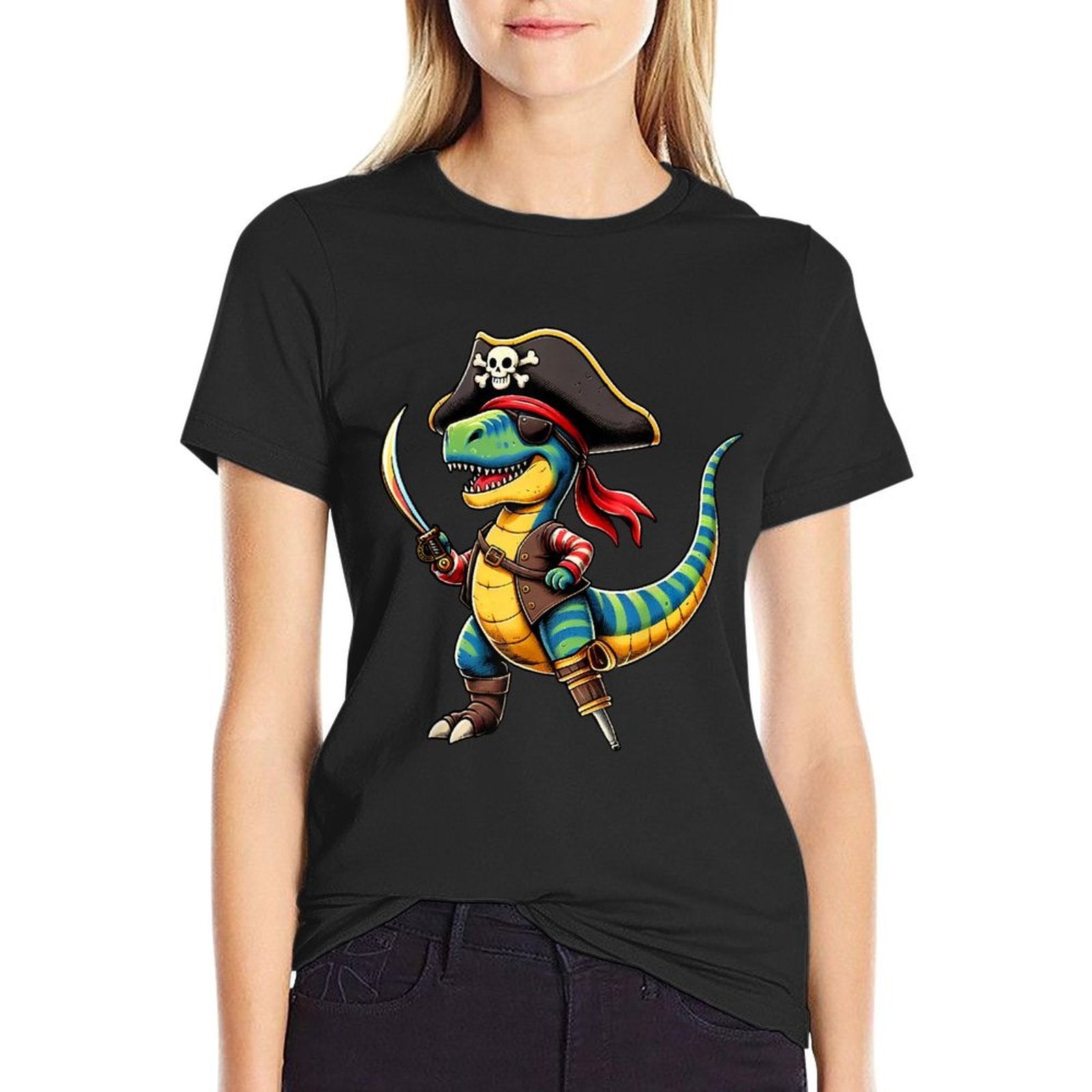 Funny Halloween Boys Kids Toddlers Dinosaur Trex Pirate  Rolled Sleeves T-Shirt
