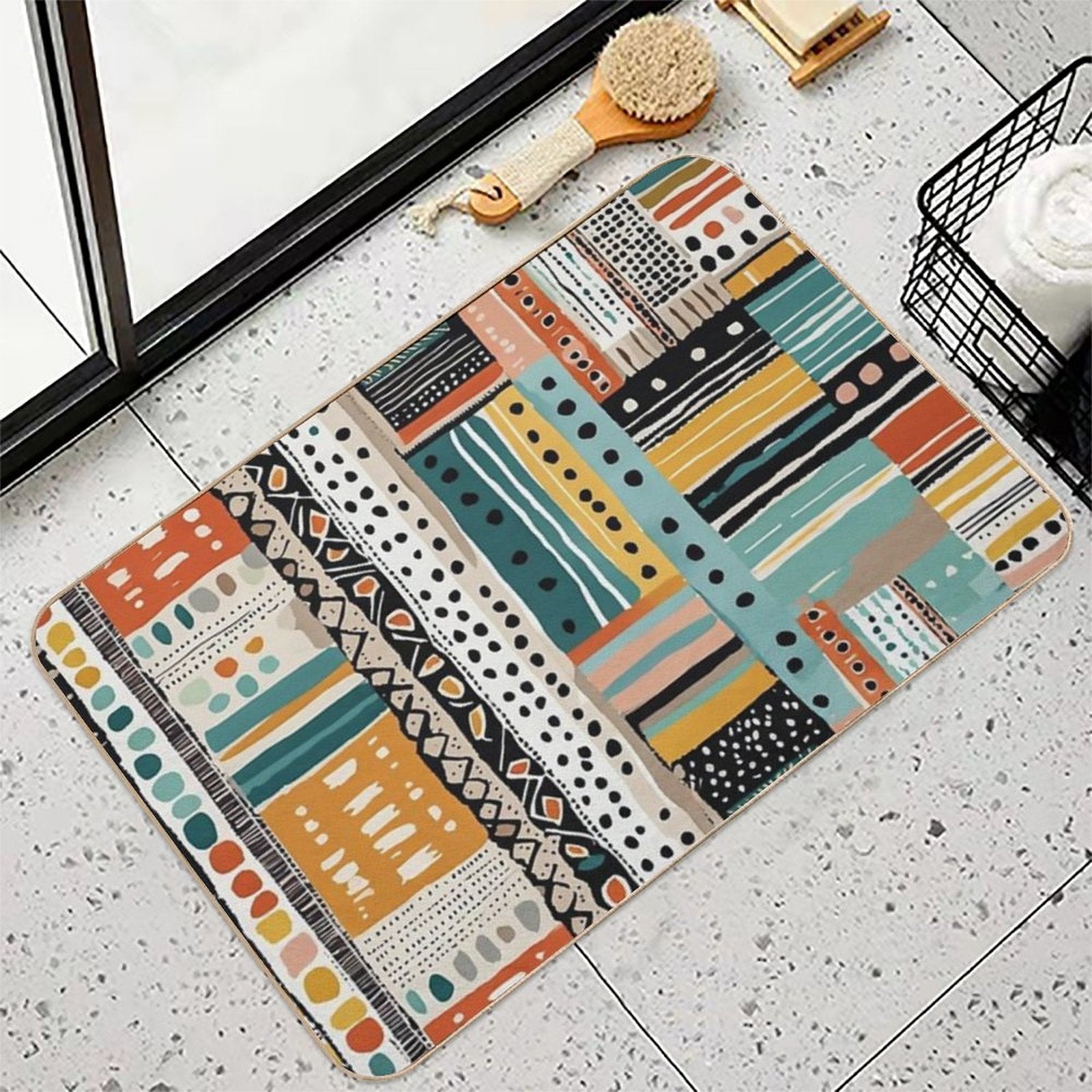 Traditional Kilim Indian Pattern, Ethnic Geometric Abstract Scandinavian Design in Watercolor Painting  Versatile Bath Mat