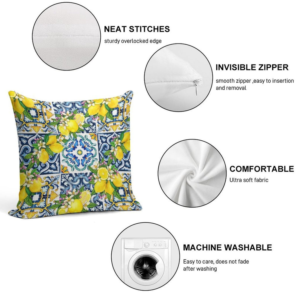 Bright Mediterranean Sicilian Tiles with Citrus Lemons Soft Style Accent Throw Pillow