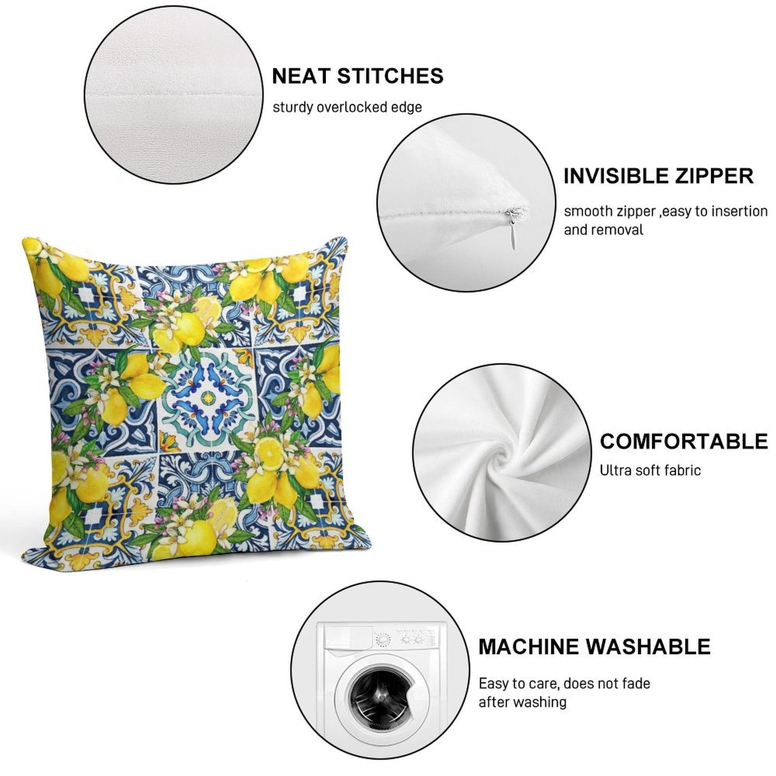 Bright Mediterranean Sicilian Tiles with Citrus Lemons Soft Style Accent Throw Pillow