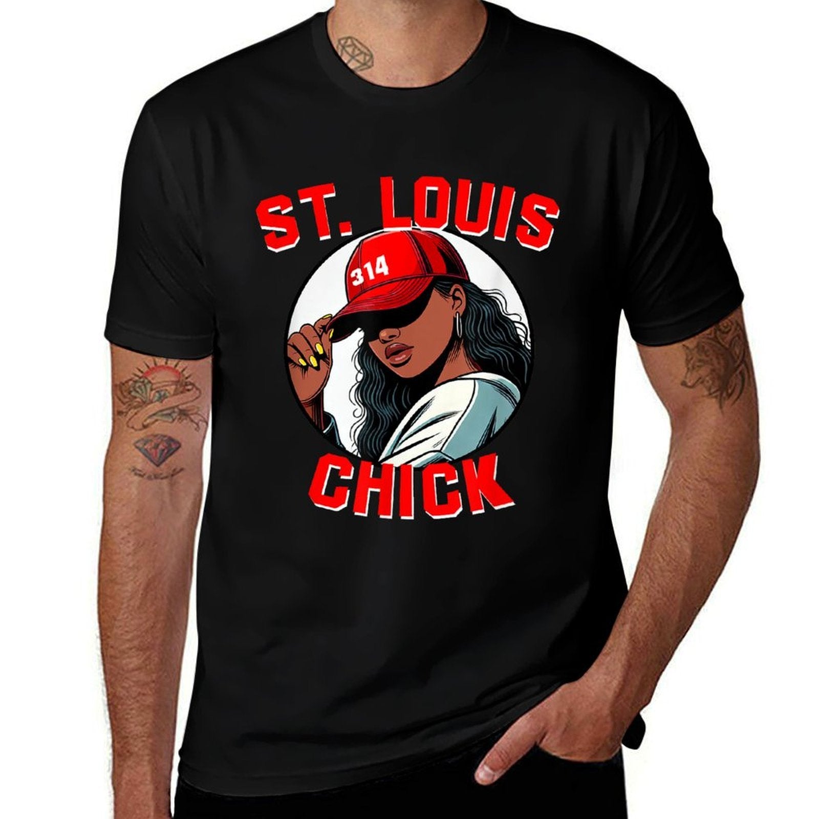 St. Louis Chick 314 Black Woman Red Hat  Wrinkle-resistant T-Shirt