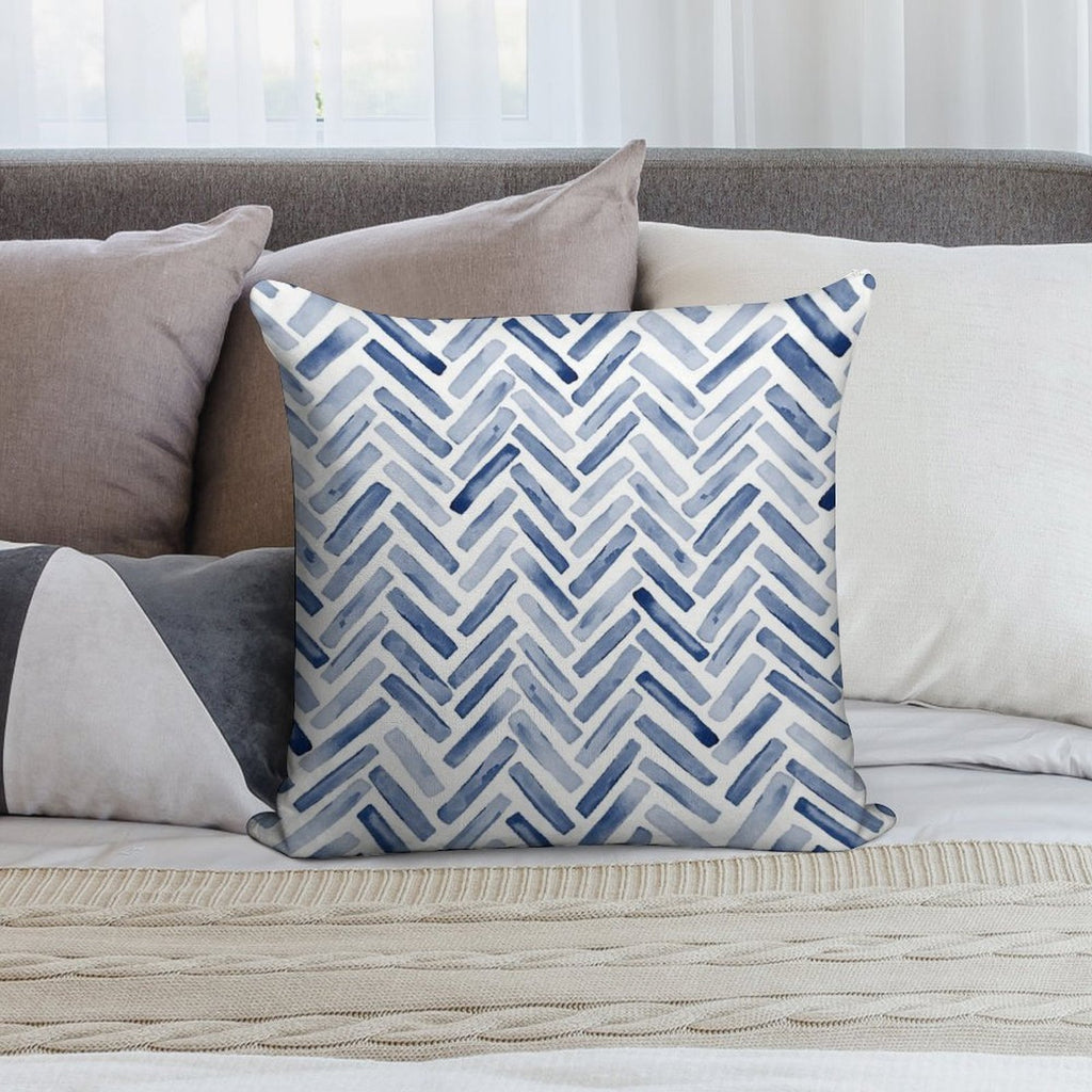 Indigo Blue Watercolor Herringbone Chevron Soft Easy Maintenance Throw Pillow