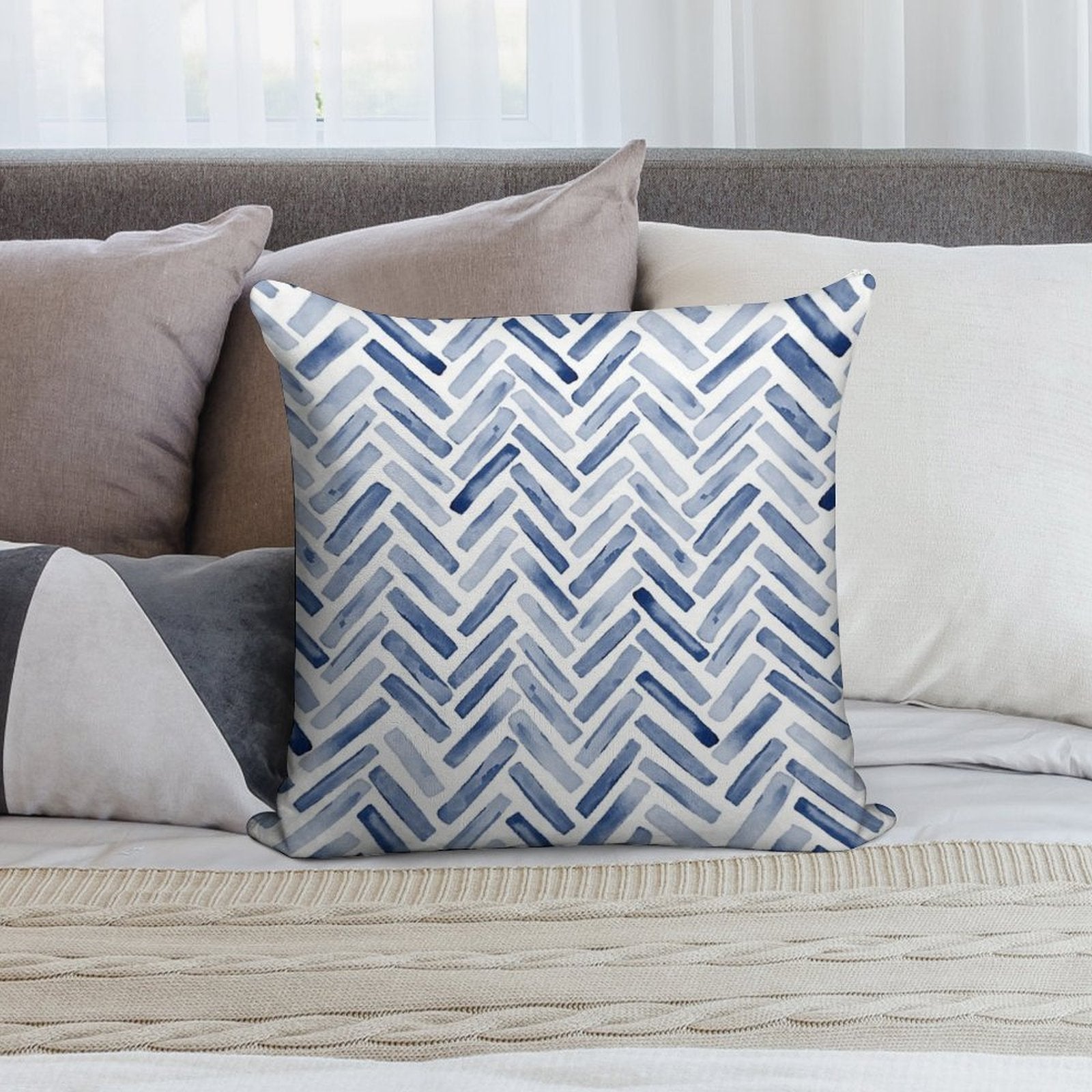 Indigo Blue Watercolor Herringbone Chevron Soft Easy Maintenance Throw Pillow