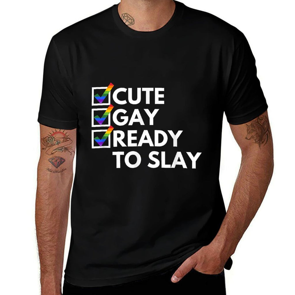 Cute Gay Ready To Slay Y2K Novelty Witty Gay Pride LGBTQ+  Rolled Sleeves T-Shirt