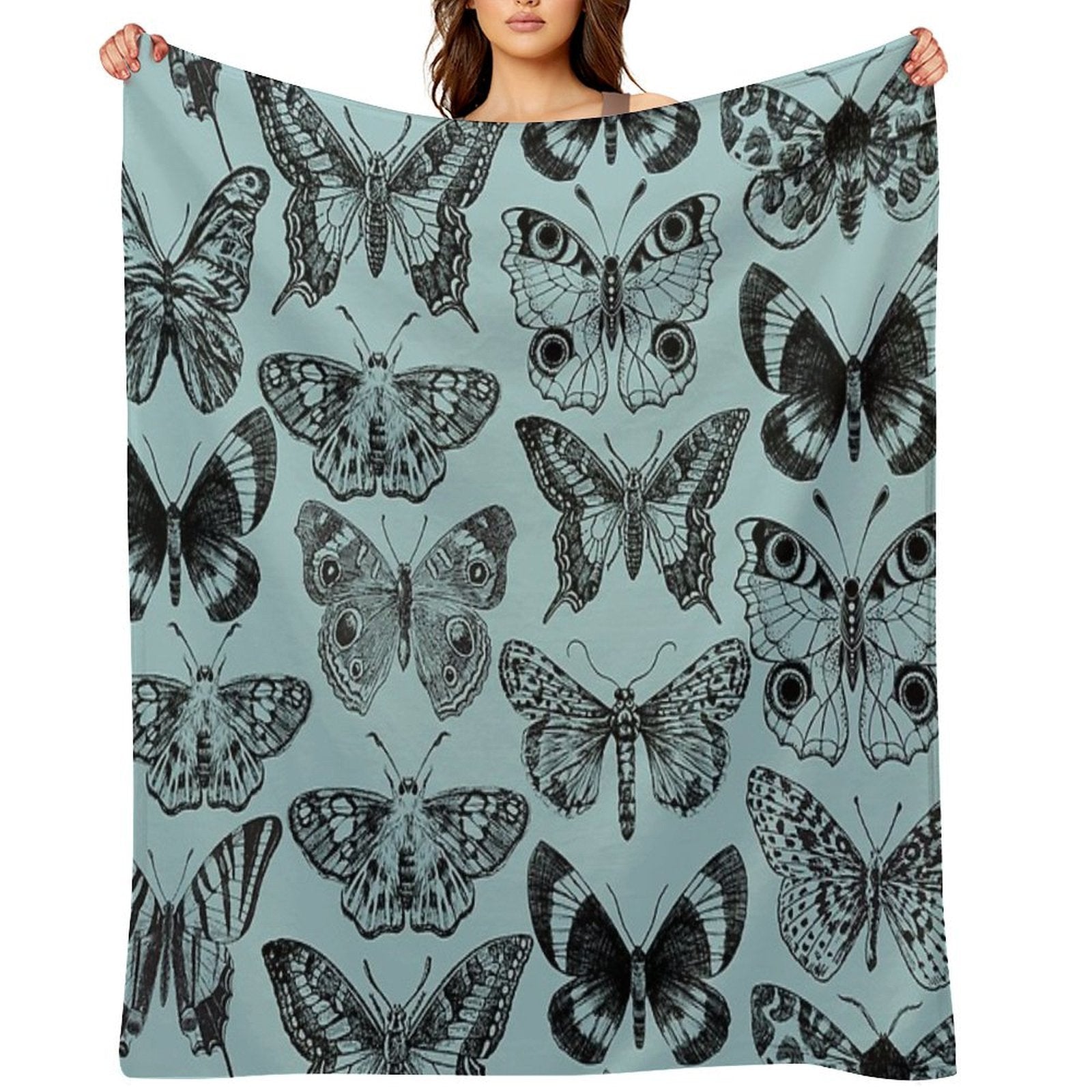Large Butterfly Vintage Pattern (blue) Travel-friendly Throw Blanket