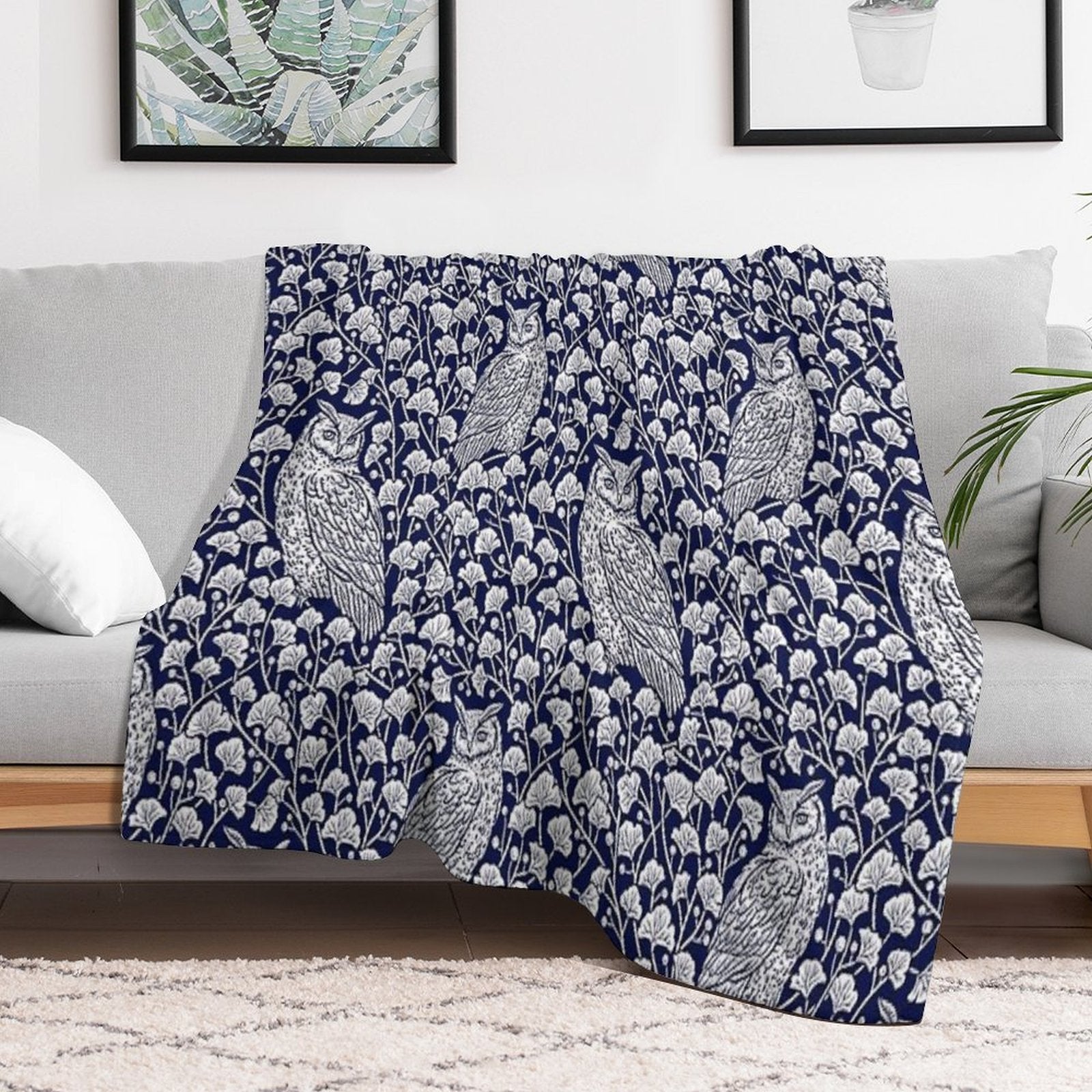 Winter Blue II - Owls And Gingko Leaves Velvety-soft Throw Blanket