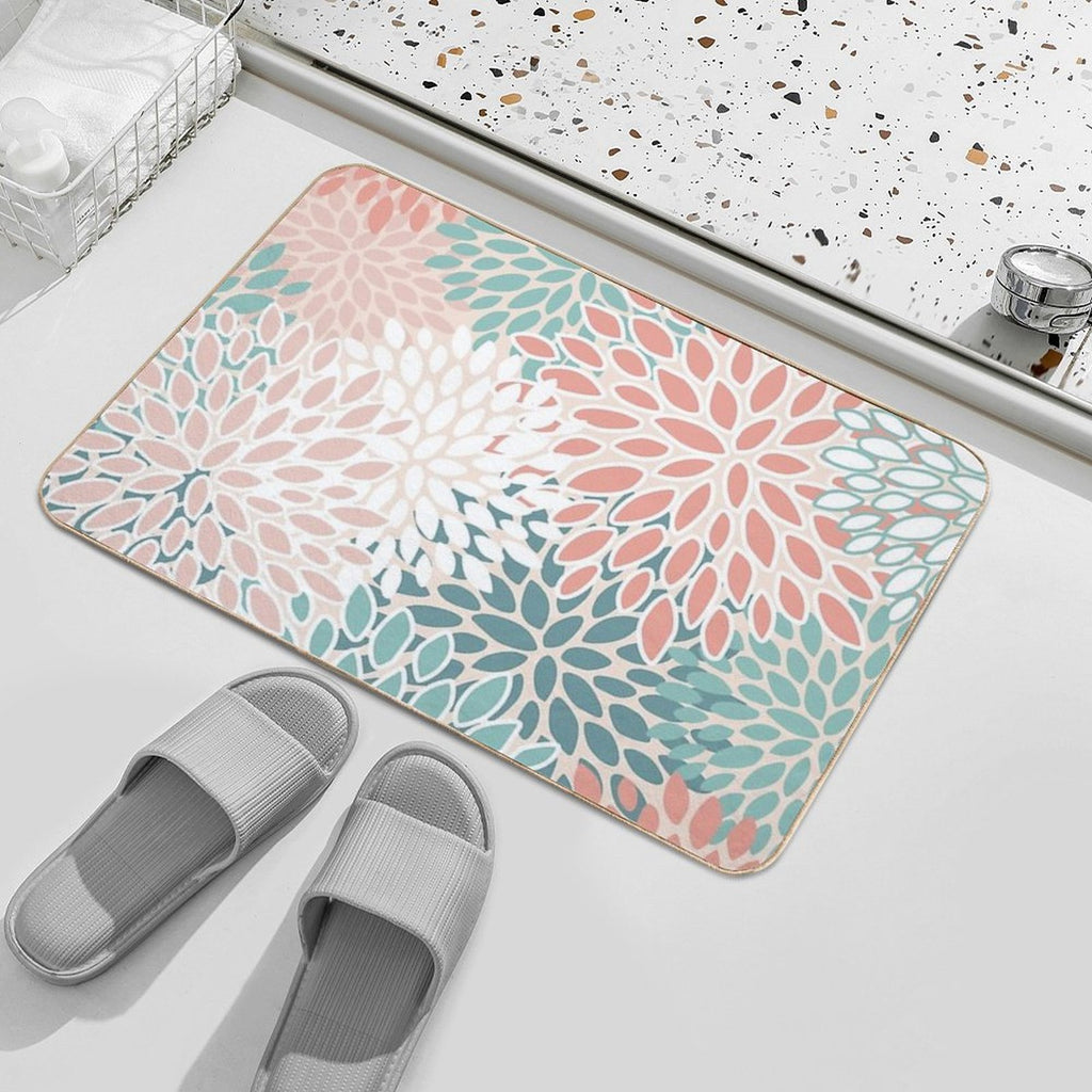 Flower Pattern, Teal, Blush,Coral, Peach  Easy Maintenance Bath Mat