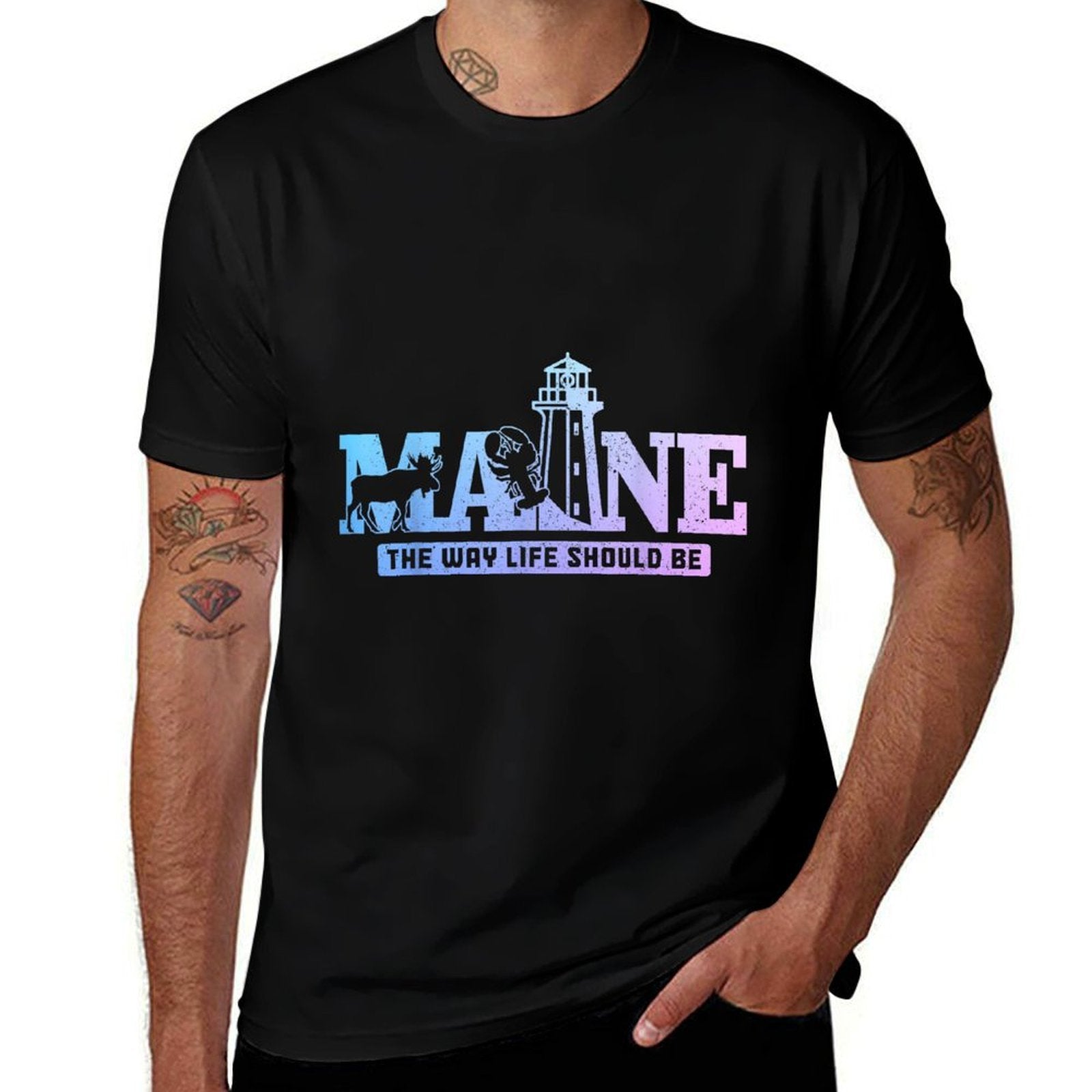 Maine Lighthouse Elk Lobster Pride Vintage Souvenir  Polyester Blend T-Shirt
