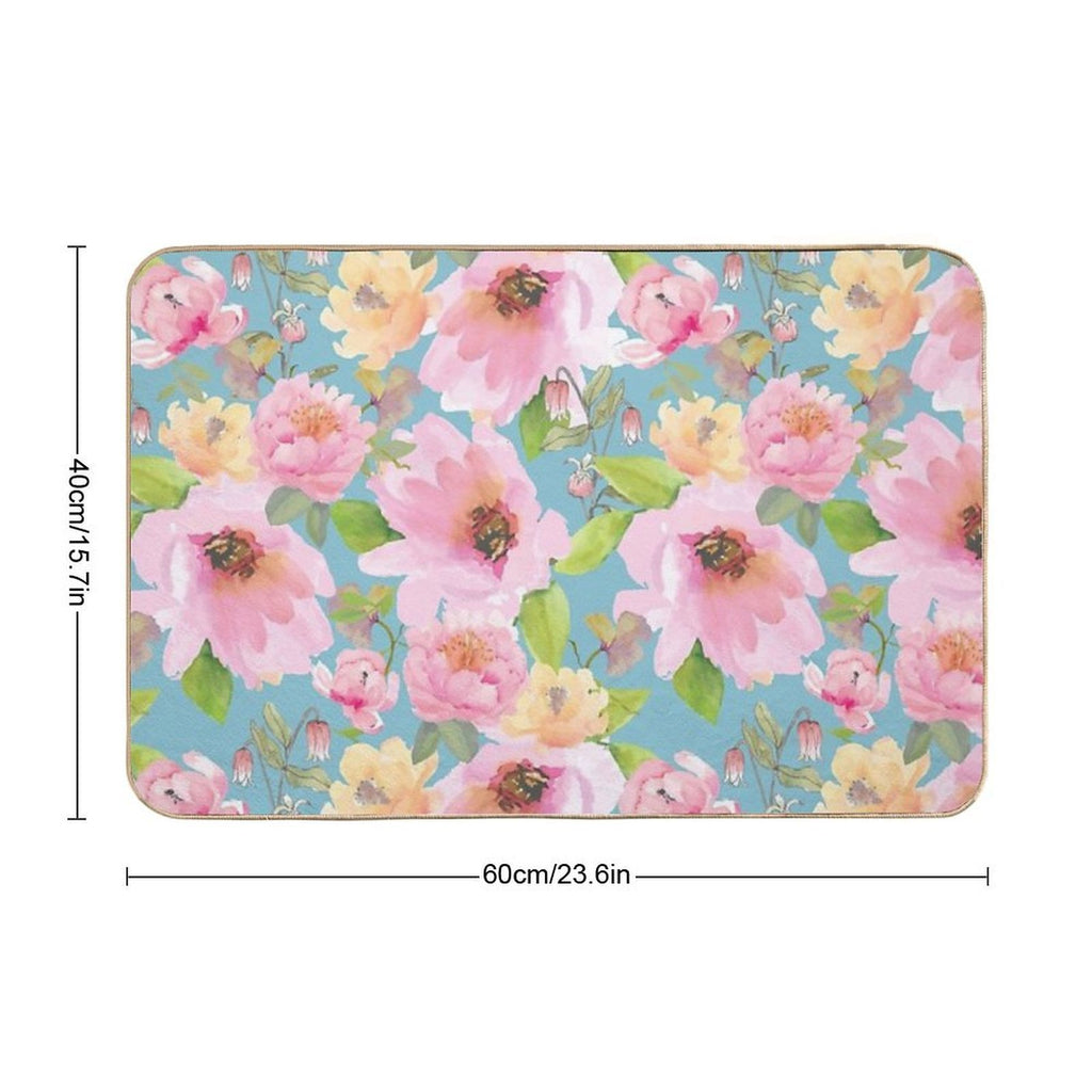 Rose And Peonies Aqua  Odorless Bath Mat