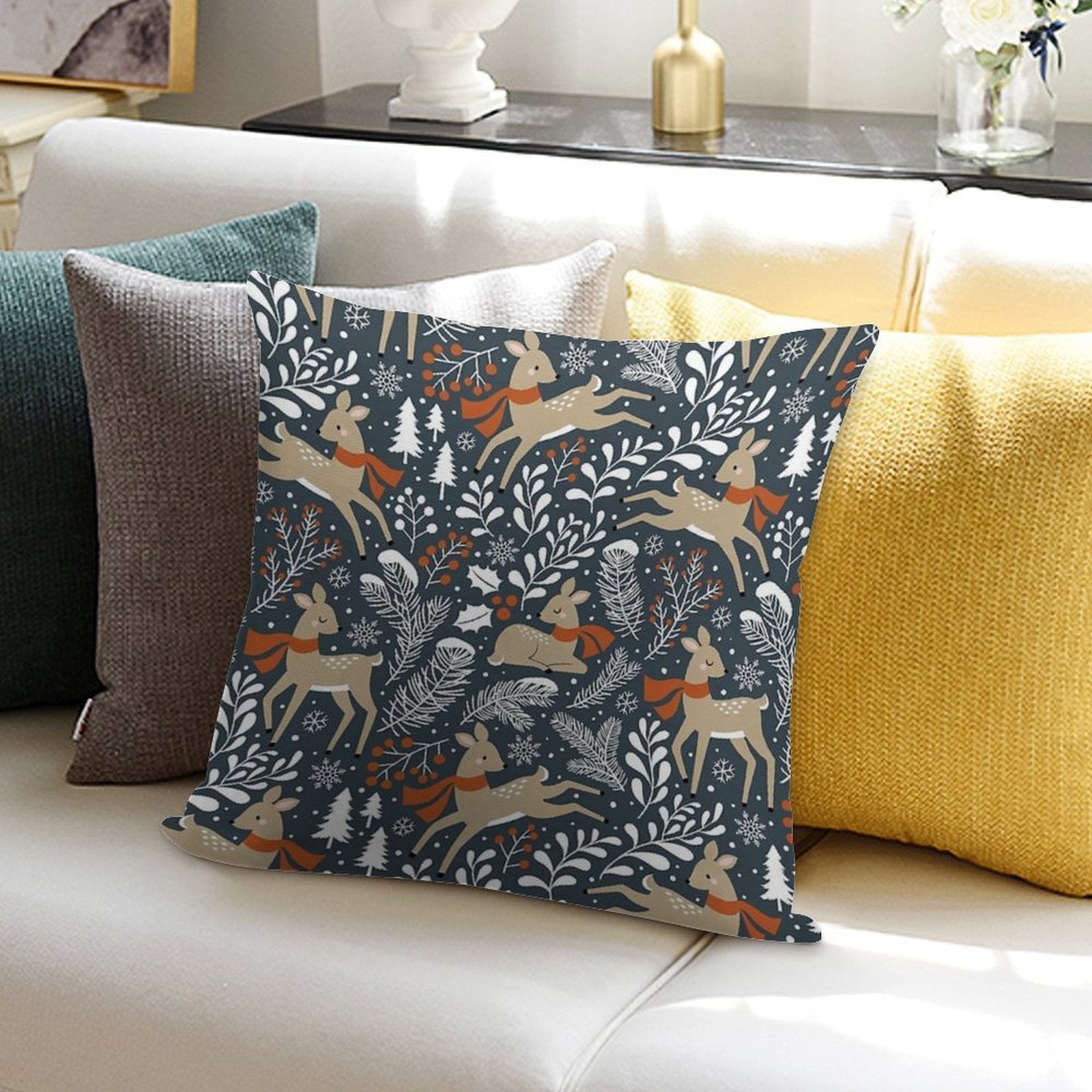 Winter Deer  Dark Grey Soft Warmth Comfort Throw Pillow